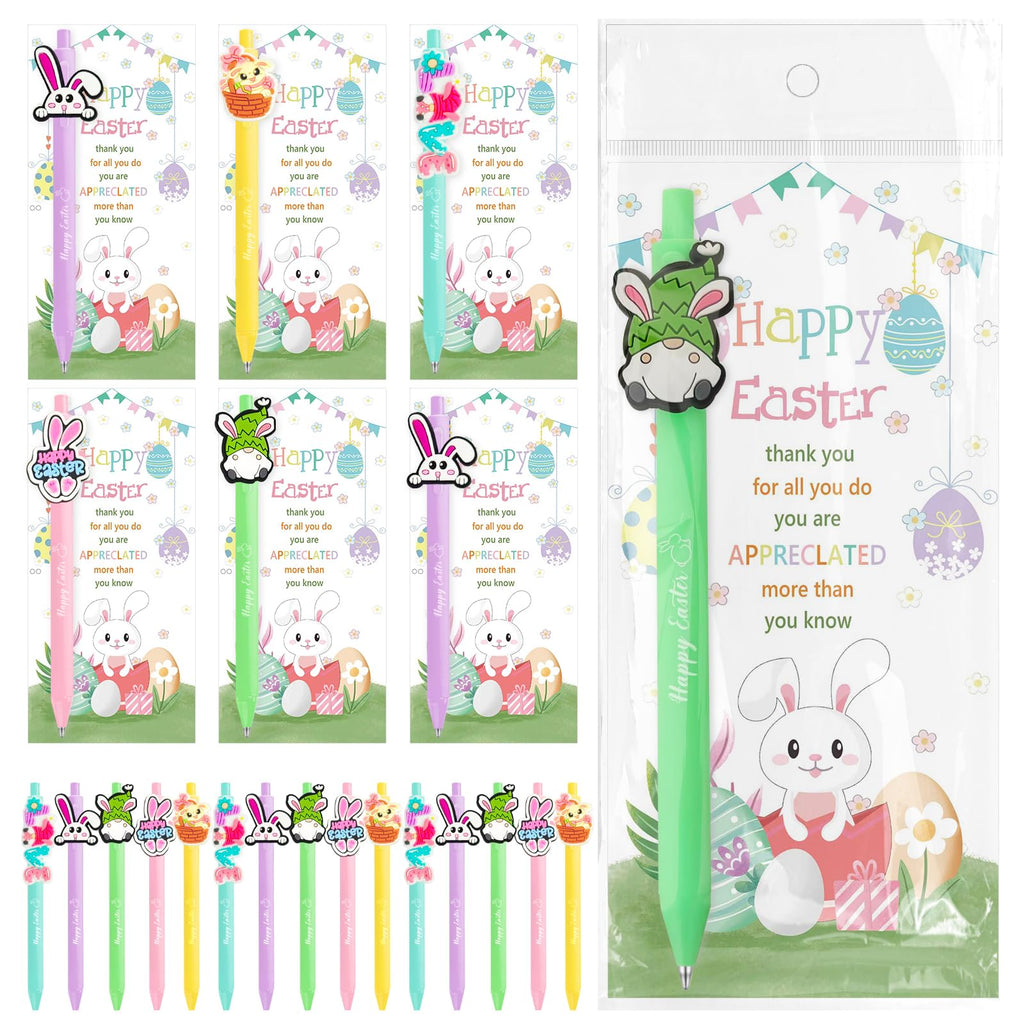 UgyDuky 30Pcs Easter Party Favors Pens with Bunny & Egg Toppers, Happy Easter Printed Ballpoint Pens, Spring Holiday Writing Pens with Thank You Cards, Office & Classmates Gift Exchanges