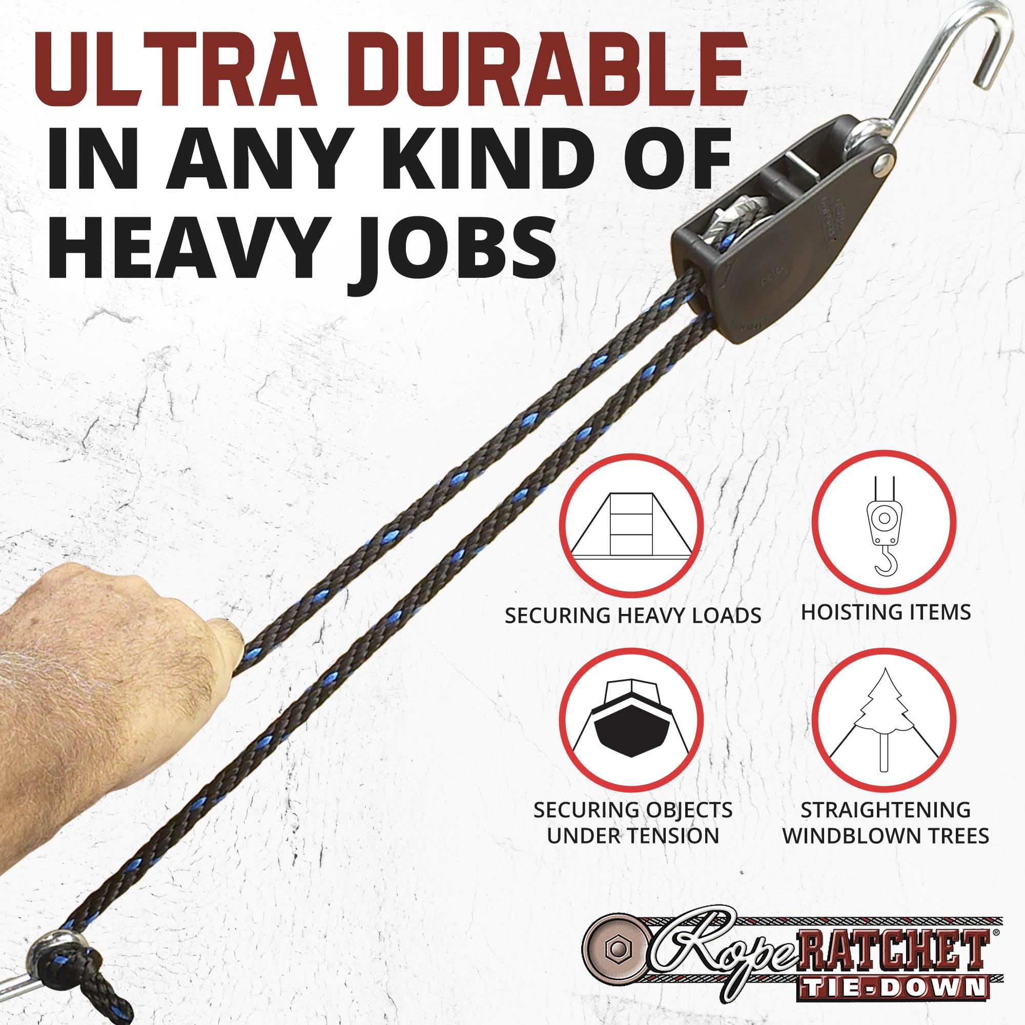 Rope Ratchet - 3/8" Ratchet Tie Down Rope, Block & Tackle Pulley System, Rope Hoist Hanger, Pulley Hoist with Hooks, 8' Braided Polypropylene Rope, 250 lbs Capacity