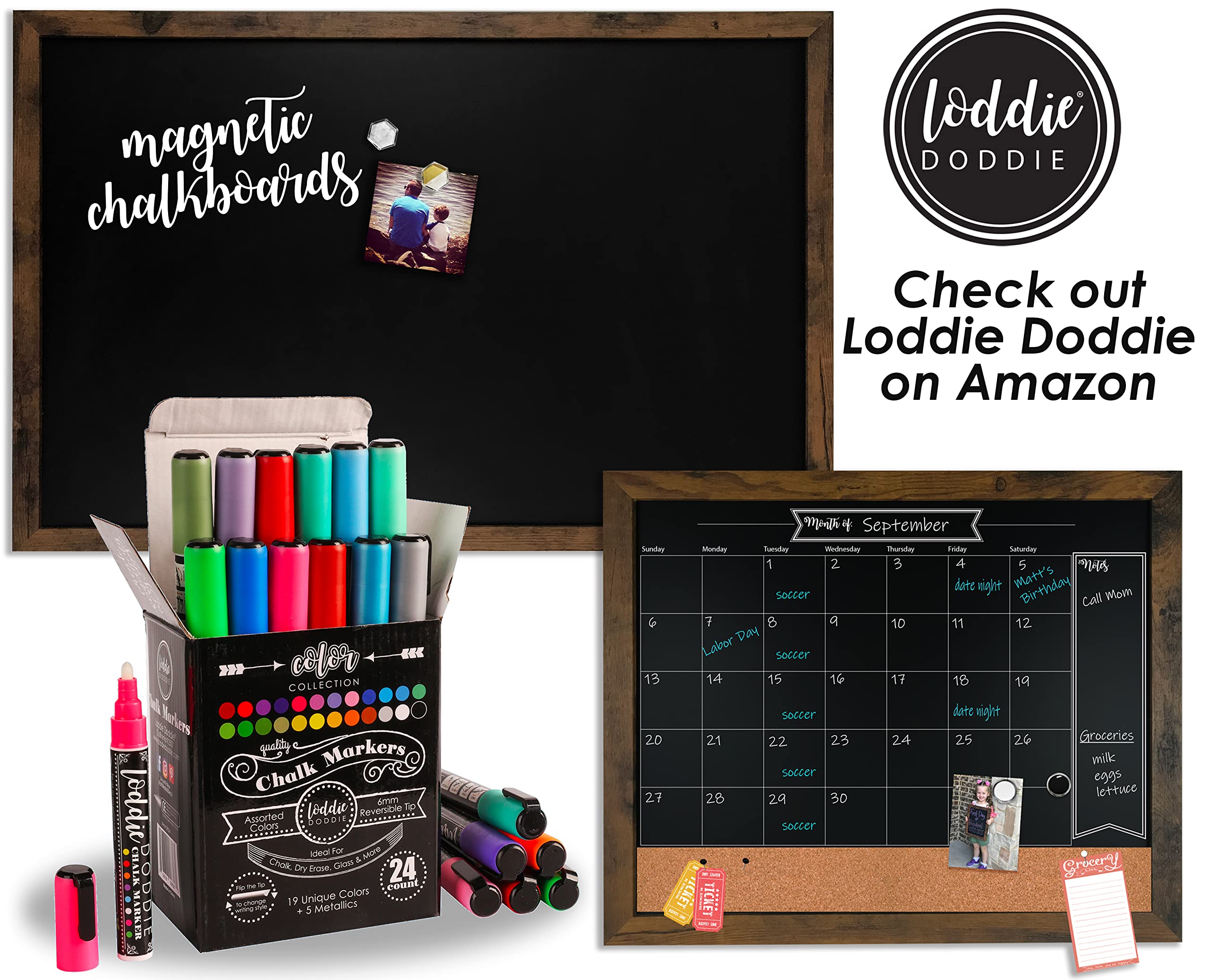 Loddie Doddie Magnetic Chalkboard - 11" x 14", Rustic Frame - Stain-Resistant Chalkboard Calendar - Magnetic Board for Wall Display - Wall-Mount Organizer & Menu Board for Kitchen