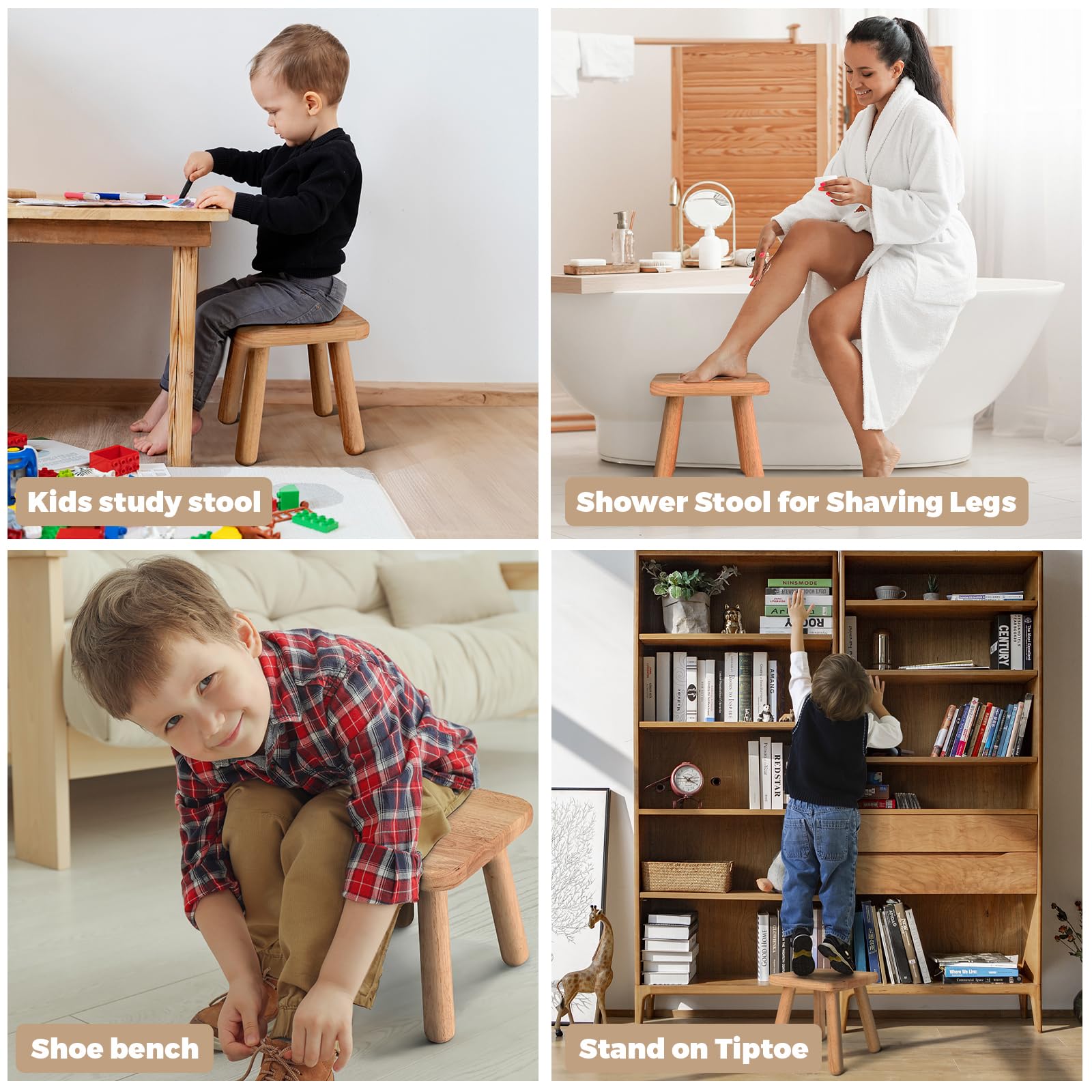 SEEMINES Small Wooden Step Stool,100% Solid Wood Stool with Non-Slip,300lb Load-Bearing Square Step Stool for Bathroom Kitchen Bedroom Living Room Plant Stools (Natural Wood Color)