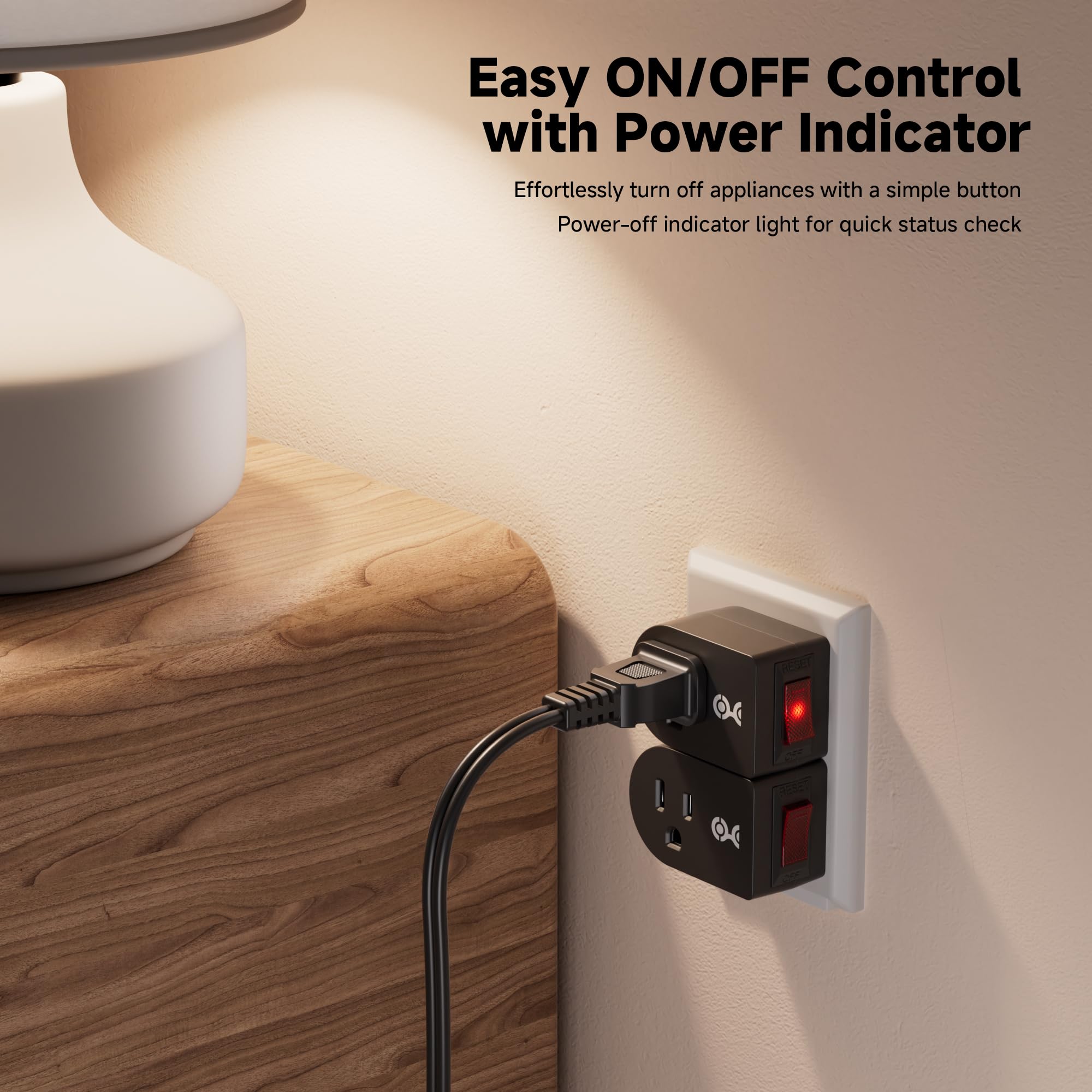Cable Matters 3 Pack Grounded Outlet with ON Off Switch, Single Outlet Switch / Plug Switch in Black