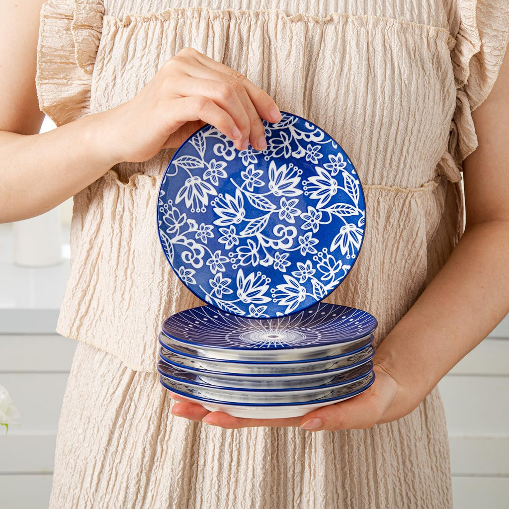 Cerkik Ceramic Dessert Plates Set - 6 Inch Mini Appetizer Plates for Kitchen - Small Salad Plate for Cake Snacks Side Dish, Microwave Dishwasher Safe, Gift, Vintage Blue