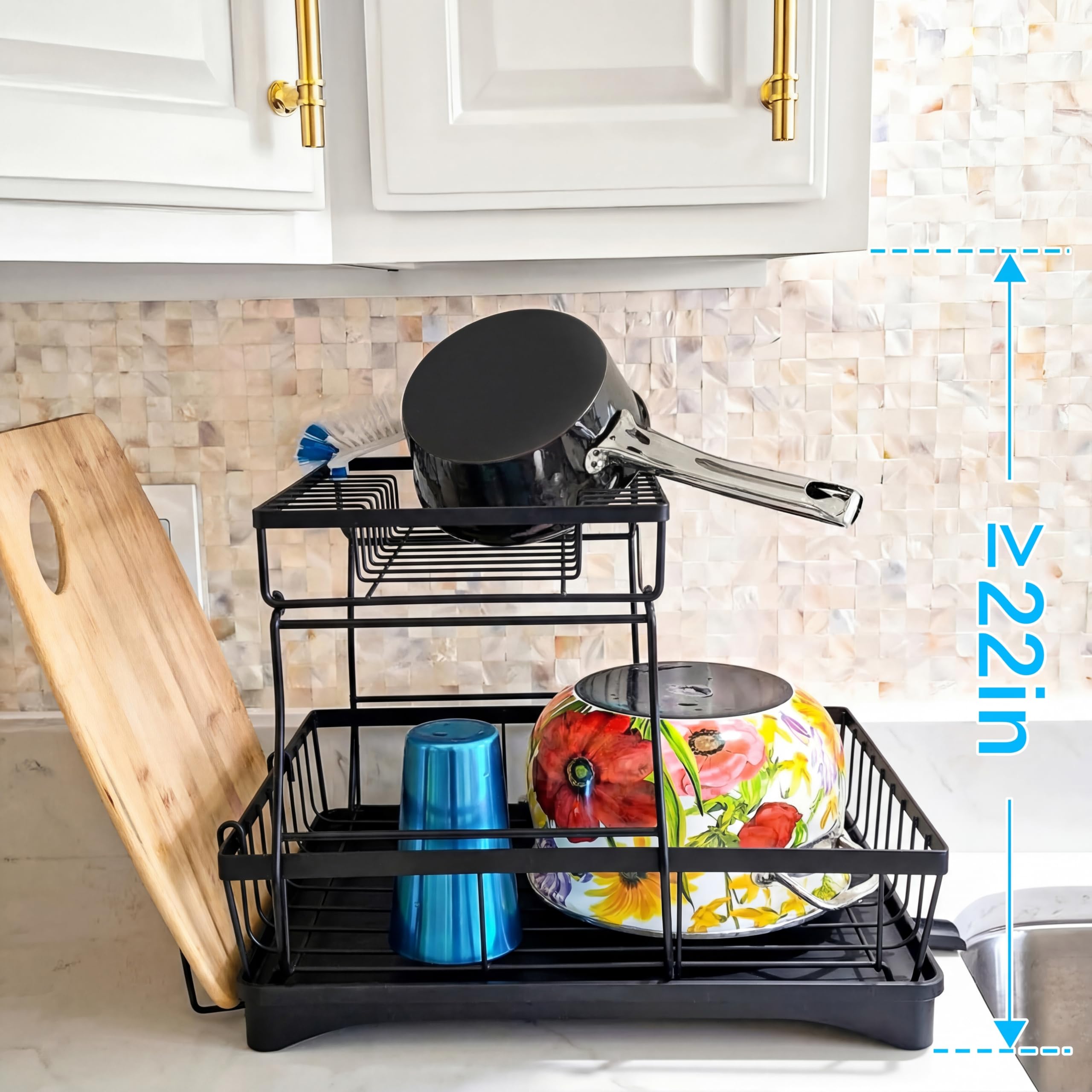 7 code Large Dish Drying Rack for Kitchen Counter,Detachable Large Capacity Dish Drainer Organizer with Utensil Holder,2-Tier Dish Drying Rack with Drain Board,Black