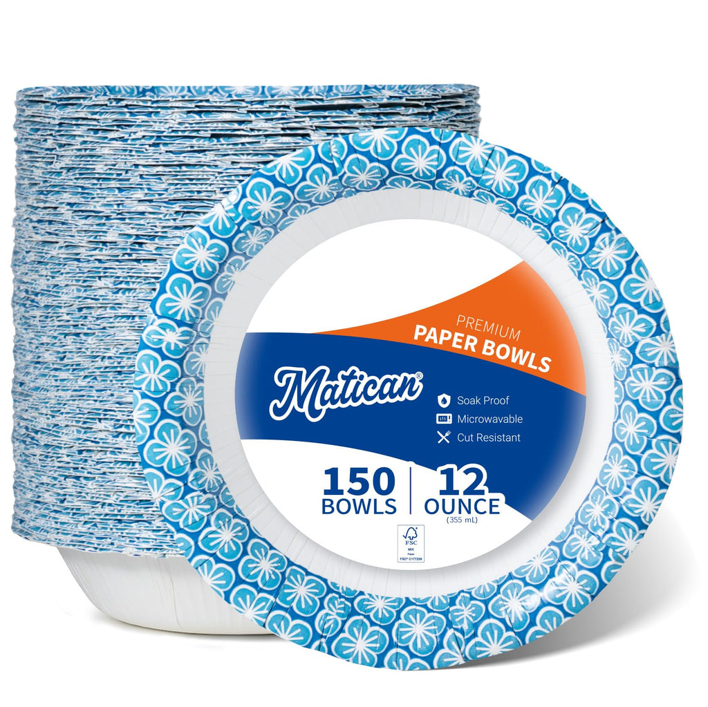 Paper Bowls, 355 ml, 150-Count, Microwave-Safe, Soak-Proof, Disposable Bowls with Plum Blossom Harmony Design, Great for Soup, Salad, Snacks, and Meals