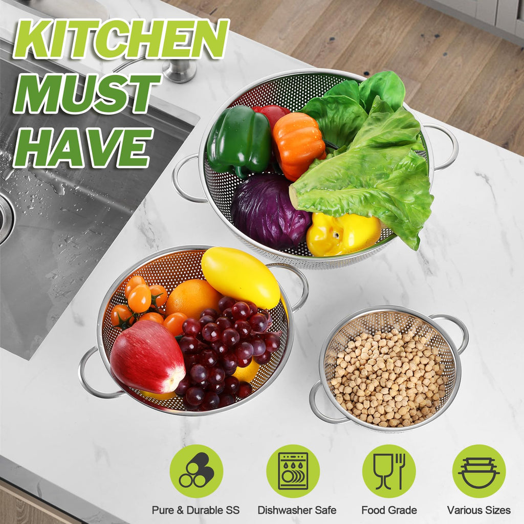 HaSteeL Stainless Steel Colander Set of 3, Micro-Perforated Metal Colander Strainer with Handle, Ideal for Kitchen Draining/Rinsing/Washing Pasta Spaghetti Vegetable Fruit, Dishwasher Safe - 1/3/5 QT