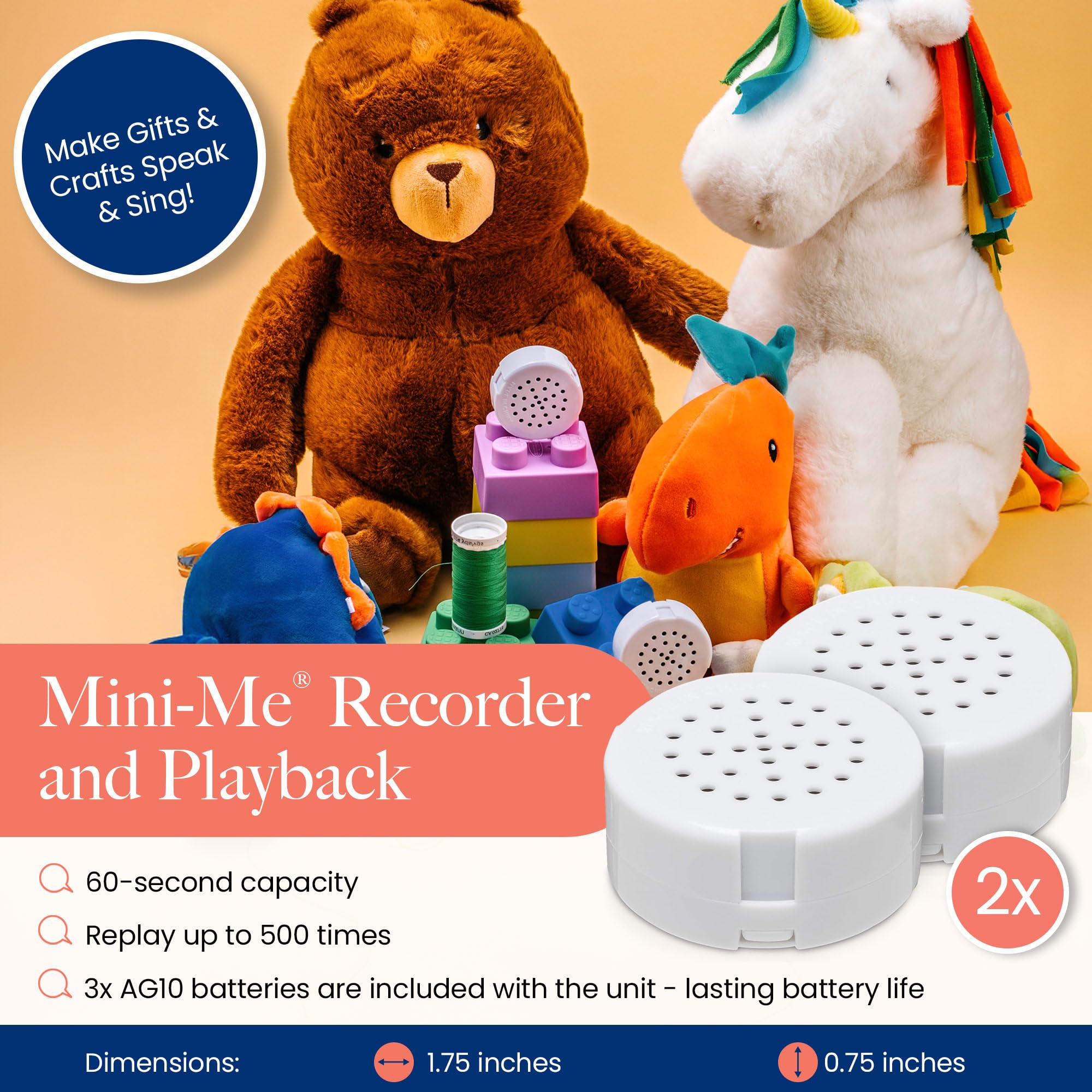 VoiceGift Mini-Me®, Mini Recorder Device, Bring Plush Toys, Quilts & Crafts to Life with 60-Second Custom Audio Recording for Customizable Sound Gifting & Crafting, 2-Pack
