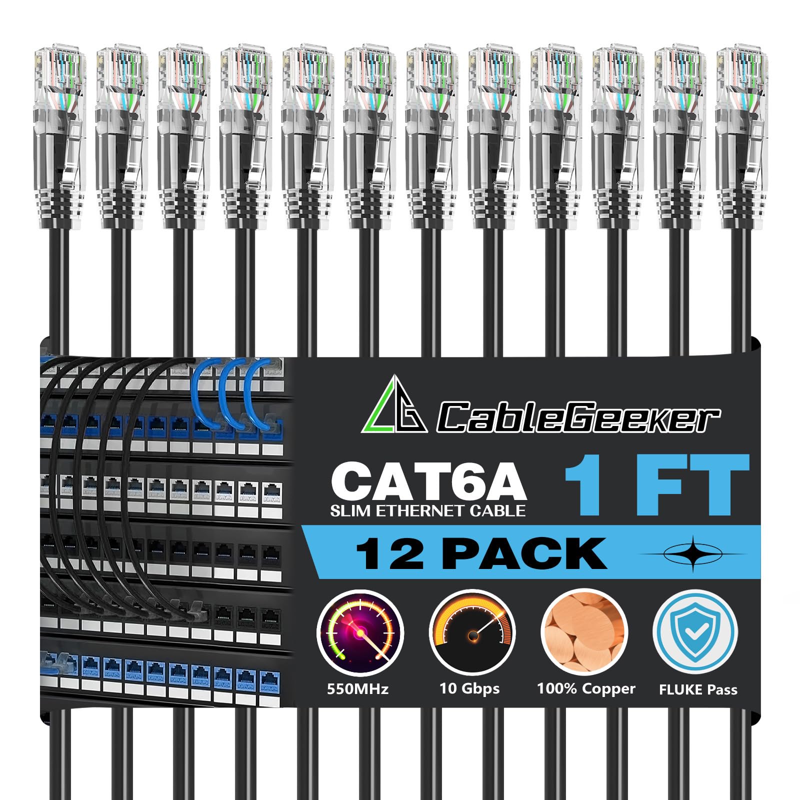 CableGeeker Cat6A Ethernet Patch Cable 1ft-12Pack Black, High-Speed 10Gpbs, 550MHz Slim Patch Cables, 28AWG Flexiable Network Cord with Gold Plated, Snagless Internet Cord for Patch Panel