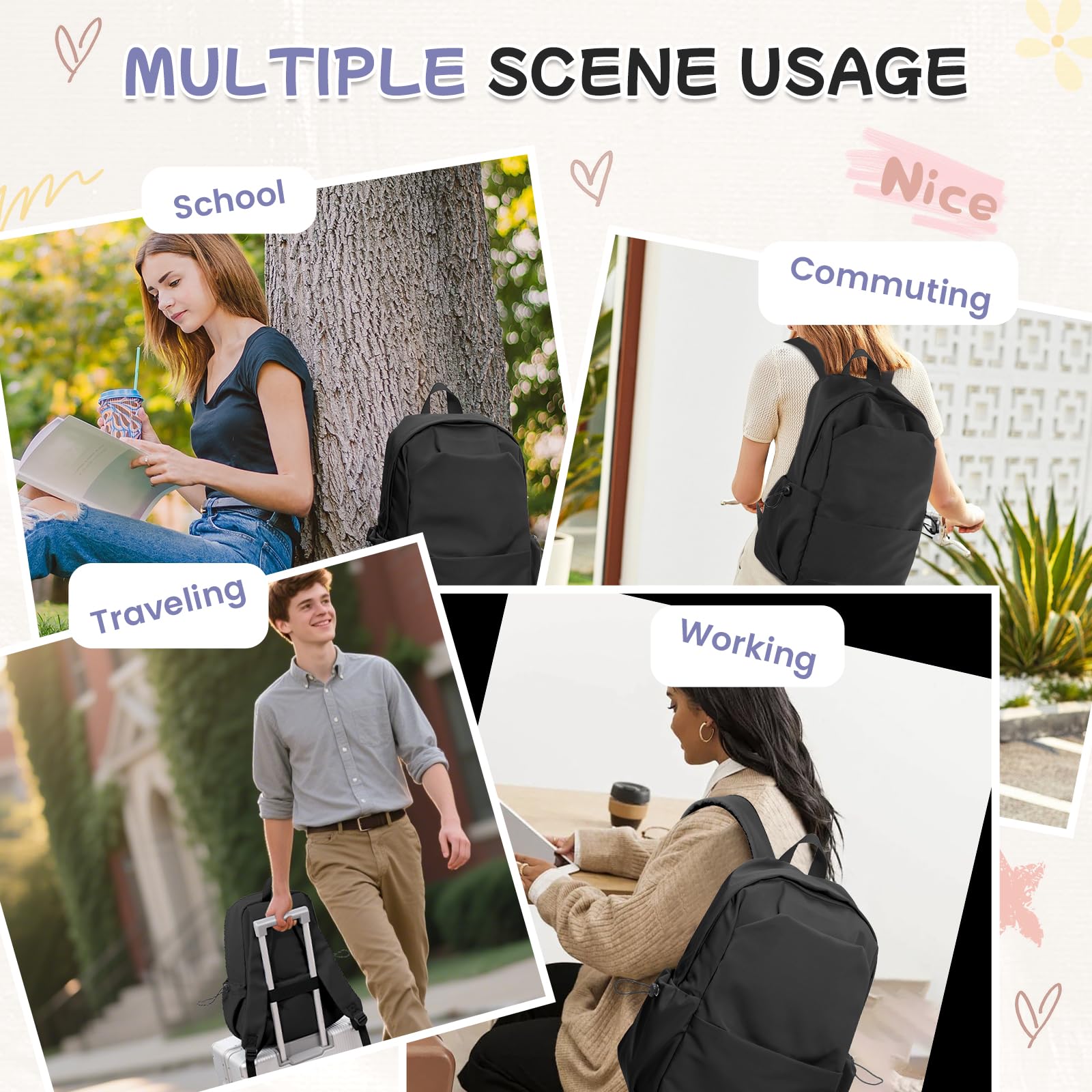 School Backpack for Women Men College High School Bag for Boys Girls Casual Daypack Laptop Backpack Waterproof Black Bookbag