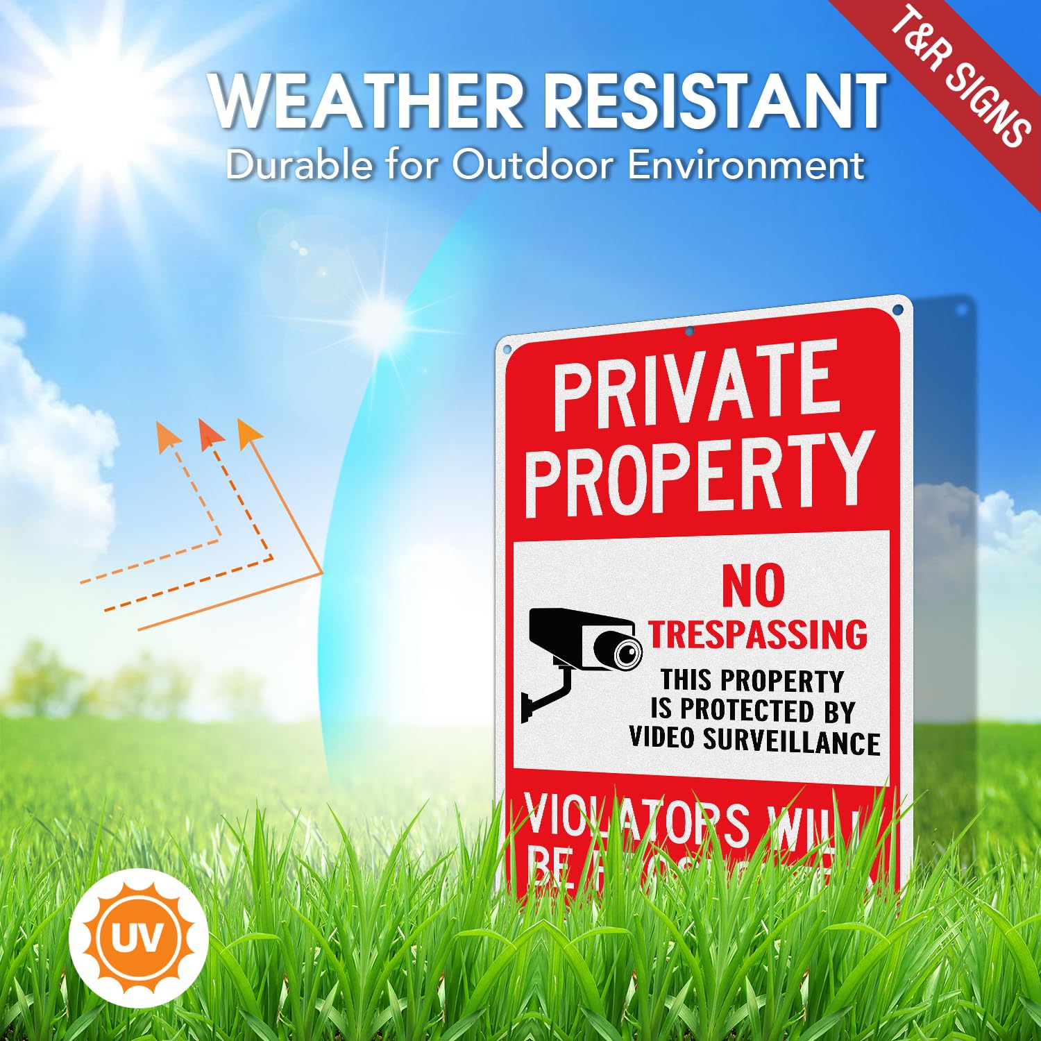T&R Large No Trespassing Sign Private Property Violators Will Be Prosecuted, Video Surveillance Sign - 2 Pack - 14 x 10 Inches Rust Free .040 Aluminum Reflective, Weather Resistant, Waterproof, Fade