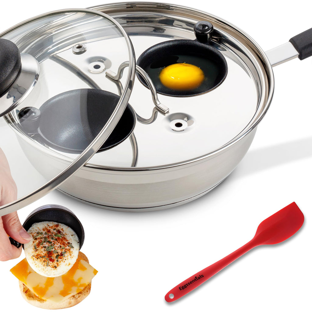 Eggssentials 2 Cup Egg Poacher, Stainless Steel, Non-stick PFOA Free with Spatula, Poached Egg Maker, Egg Poachers Cookware