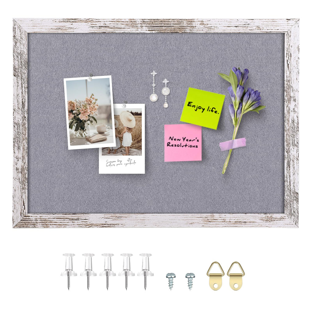 Aitakatta Gray Felt Cork Board Bulletin Board, Decorative Hanging Cork Boards for Walls with White Rustic Wood Frame, Pin Board Vision Board for Office Home and School with Pins, Screws (4333,WH,1pc)