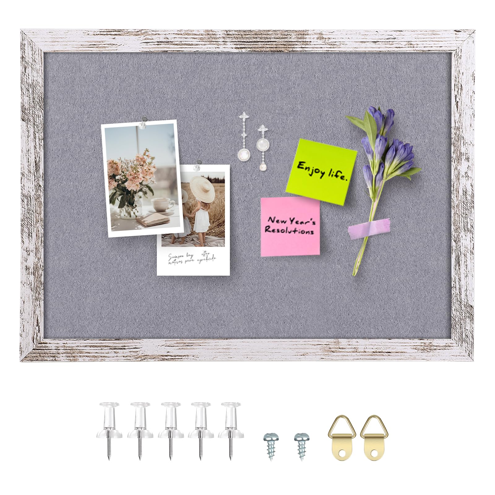 Aitakatta Gray Felt Cork Board Bulletin Board, Decorative Hanging Cork Boards for Walls with White Rustic Wood Frame, Pin Board Vision Board for Office Home and School with Pins, Screws (4333,WH,1pc)