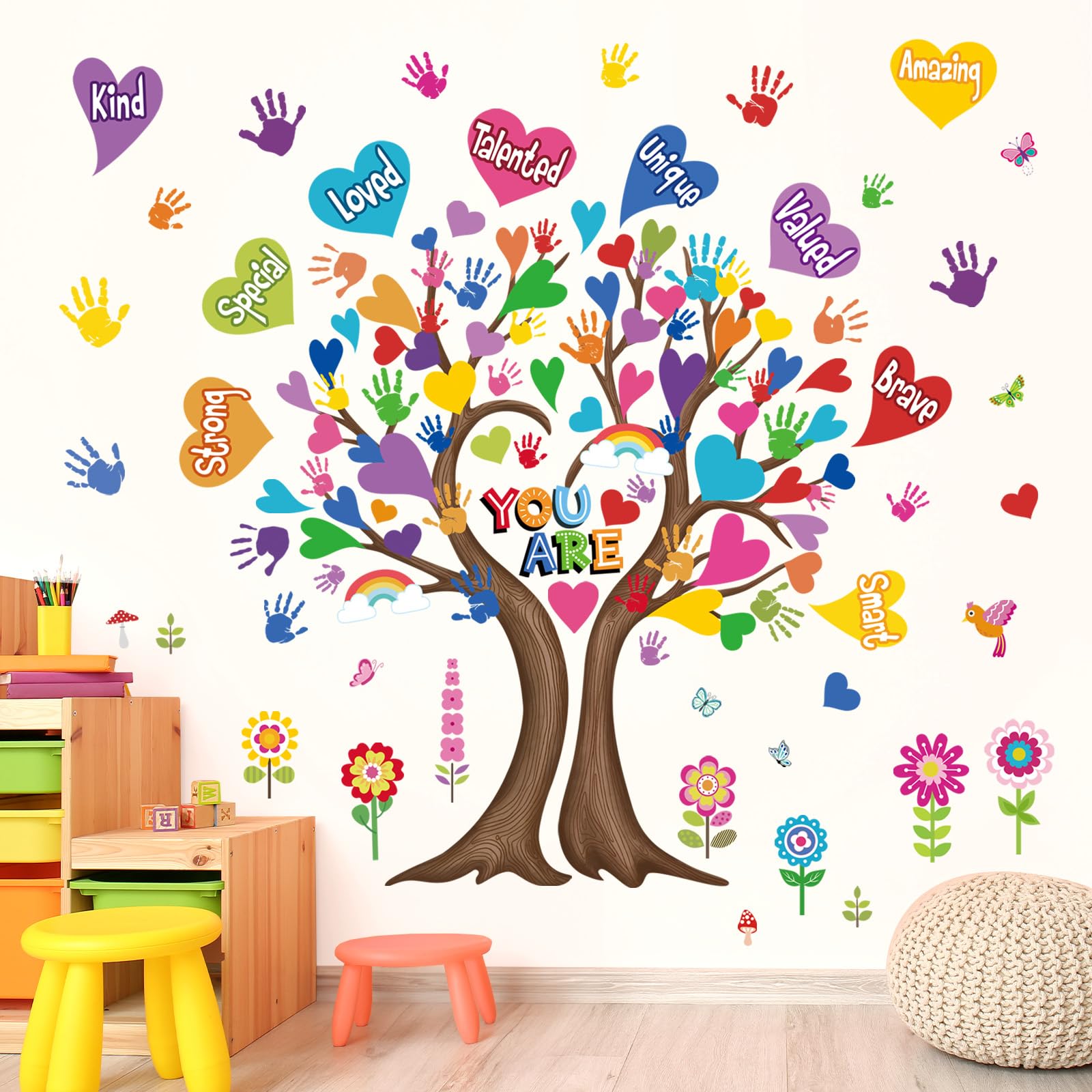 wondever Large Hearts Tree Handprint Wall Stickers Classroom Decor Tree Inspirational Quotes You Are Strong Peel and Stick Wall Art Decals for Kids Room Elementary School Teacher Classroom Daycare
