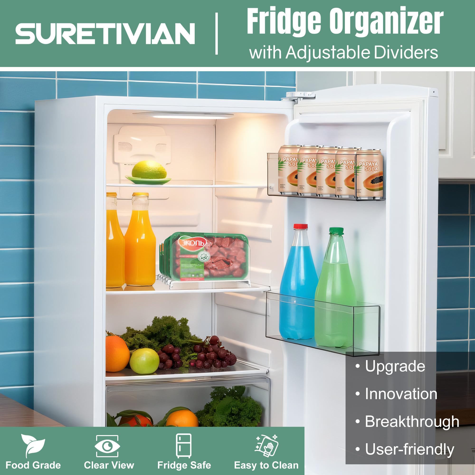 SURETIVIAN Freezer Organizer 12” Visible Fridge Organizer Rack with Removable Dividers and Handles, Freely Adjustable, Fits Refrigerator Frozen Meals, Lunch Meat Box, Cheeses(White)