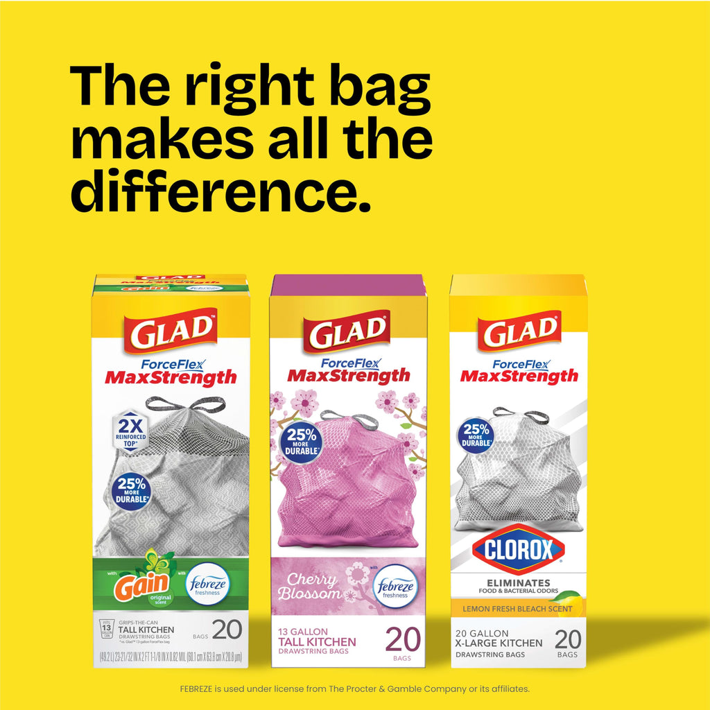 Glad ForceFlex MaxStrength Drawstring XL Kitchen Trash Bags, 20 Gal, Gain, 80 Ct (Package May Vary)
