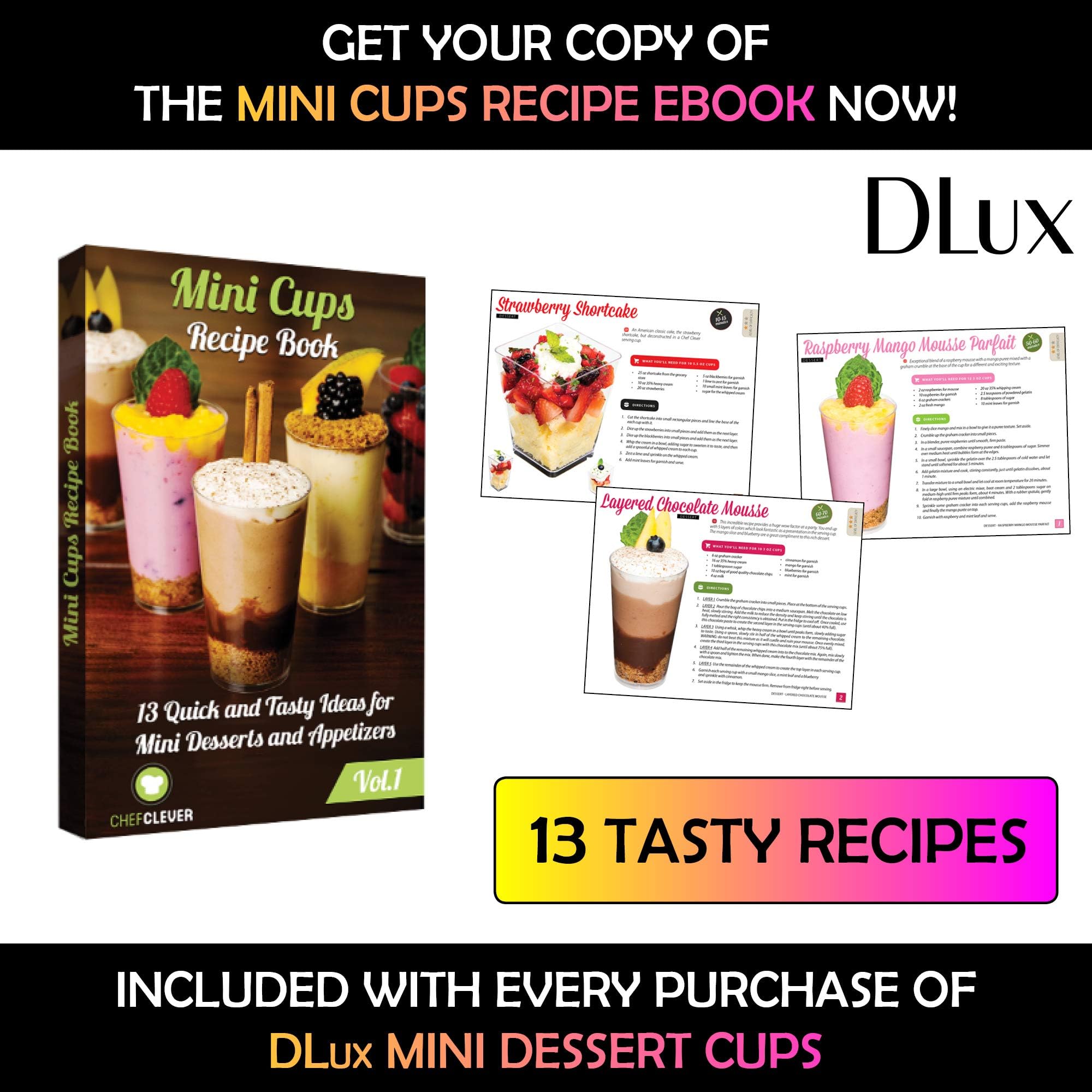 DLux 50 x 2 oz Mini Dessert Cups with Spoons, Square Short - Clear Plastic Parfait Appetizer Cup - Small Reusable Serving Bowl for Tasting Party Desserts Appetizers - with Recipe Ebook