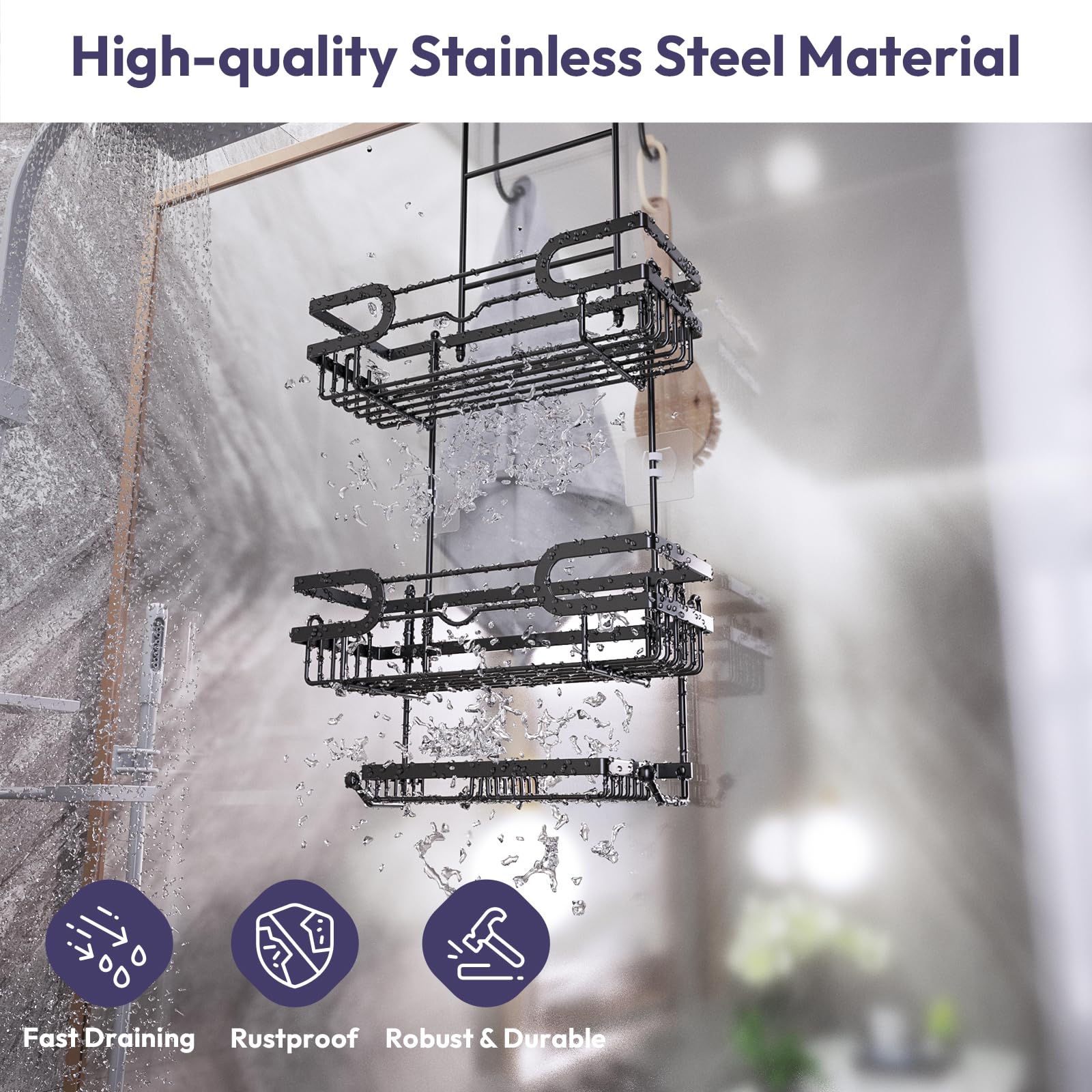 SWTYMIKI Shower Caddy Hanging Over the Door, 2 Tier Bathroom Shelf + 2 Soap Holders, Shower Shelf Organizer with 14 Hooks for Shampoo, Towels, Soap, No Drilling, Rustproof & Waterproof, Black
