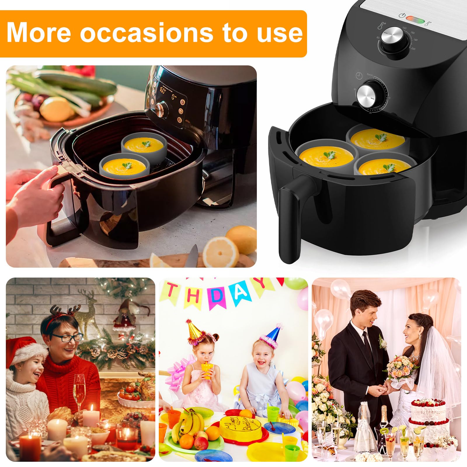 LZVXTYM 3Pcs Silicone Air Fryer Mold, 4-Inch Air Fryer Egg Pan, Microwave Egg Cooker Accessories, Reusable Poacher Cups, Nonstick Eggs Boiler Mold Cup for Baking-Dishwasher Safe(Grey)