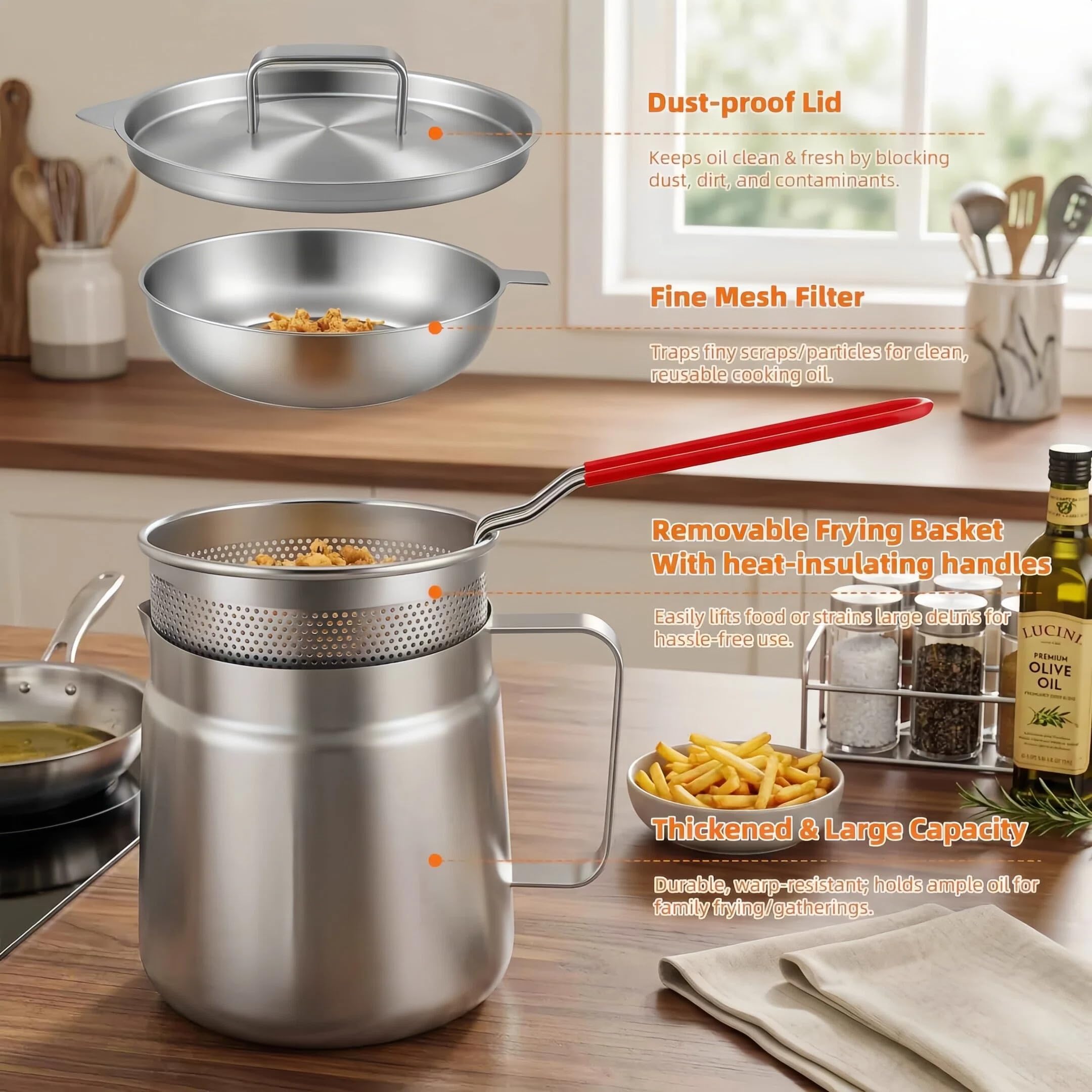 2-in-1 Deep Fryer Pot with Basket(2.1L), Stainless Steel Oil Strainer Pot, 304 Food-Grade Frying Pot with Fine Mesh Oil Filter for Cooking & Bacon Grease Storage