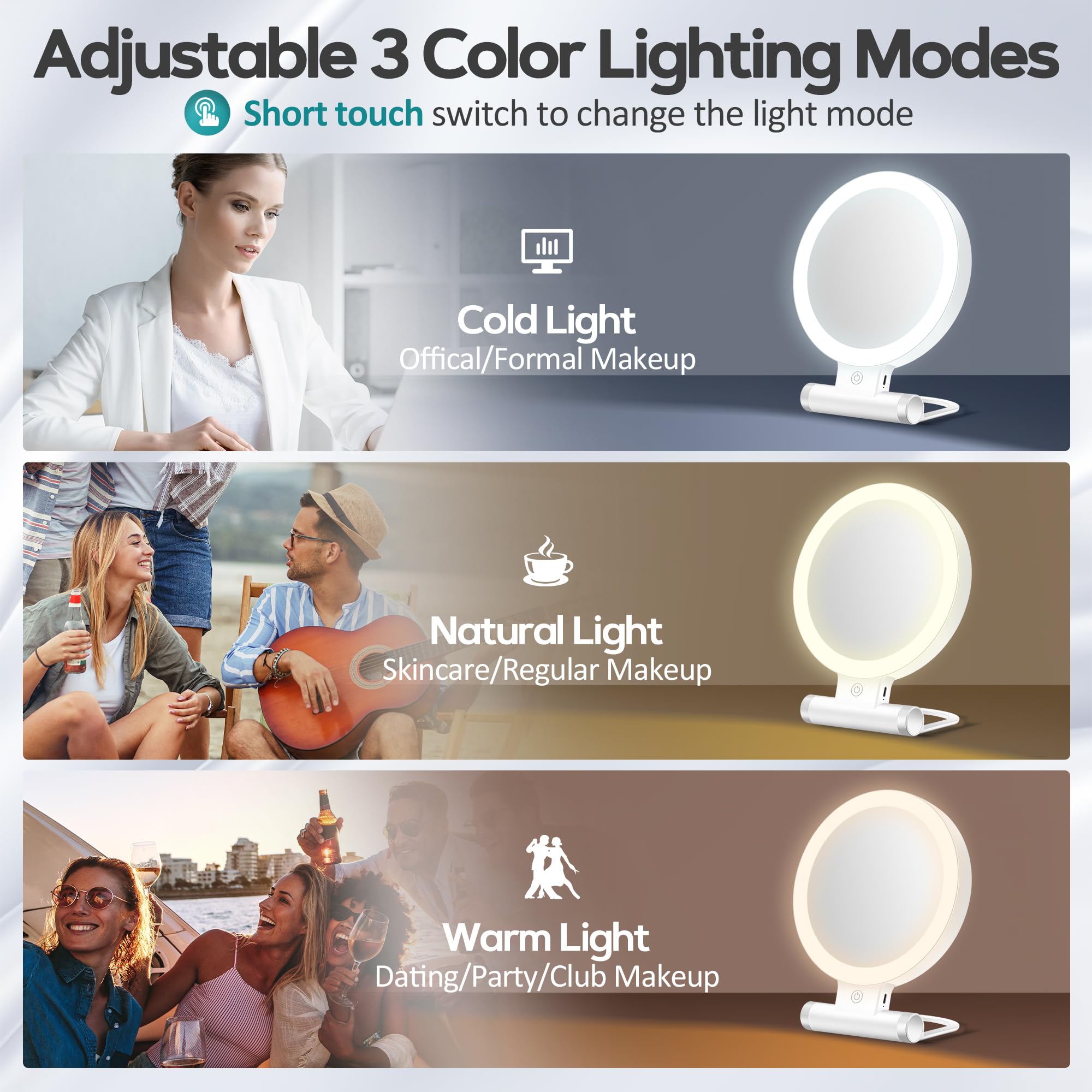 Magnifying Mirror with Light 30X, Double-Sided 1X/ 30X Magnifying Makeup Mirror with Tweezer, 2000mAh 3 Colour Modes with Adjustable Brightness, Foldable Compact Travel Mirror
