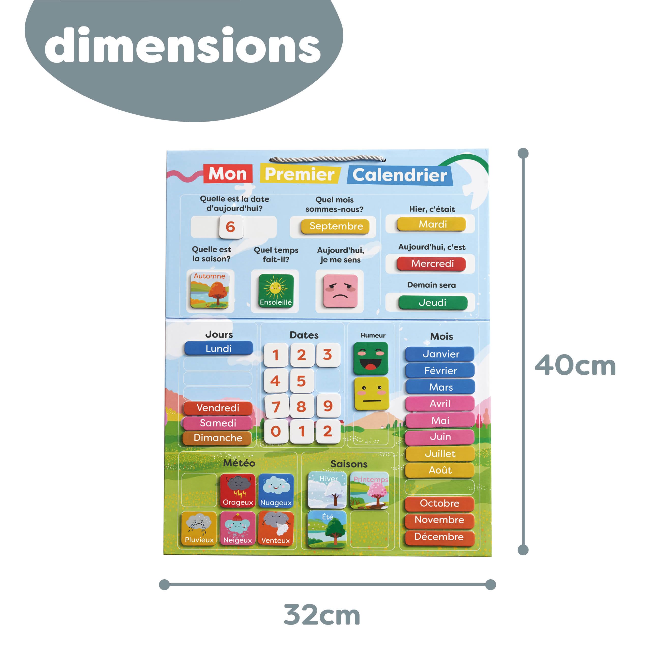 Chuckle - French Magnetic Calendar for Kids with Seasons, Dates, and Weather (40x32 cm) Classroom Wall Calendar, Fun Early Learning First Calendar for Children Aged 4 to 10 & Preschool