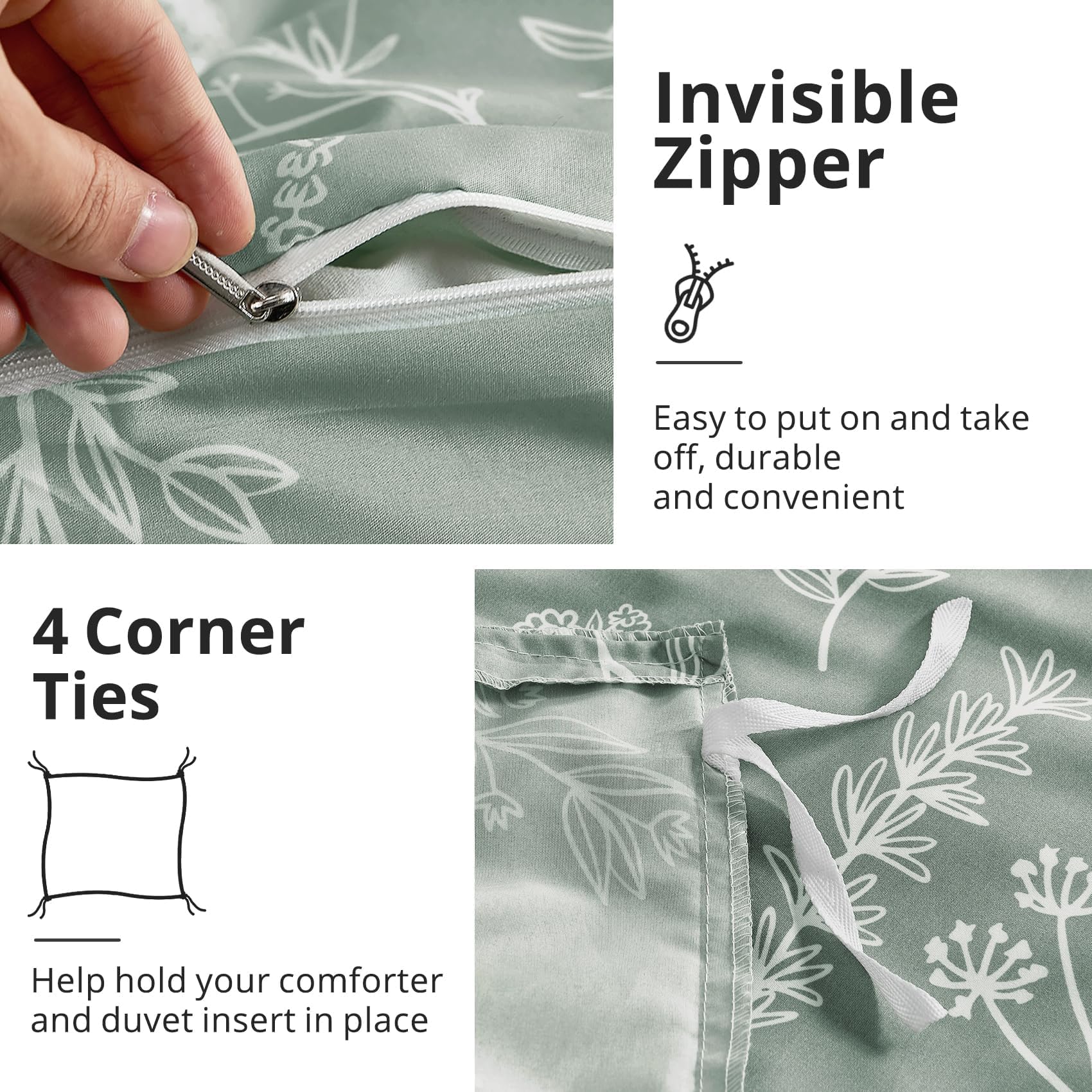 MUXHOMO Duvet Cover Queen Size, Reversible Floral Green Duvet Cover Set with Zipper Closure, 3 Pieces Botanical Patterns Soft Microfiber Bedding Set (90"x90", 2 Pillow Cases 20"×30" )
