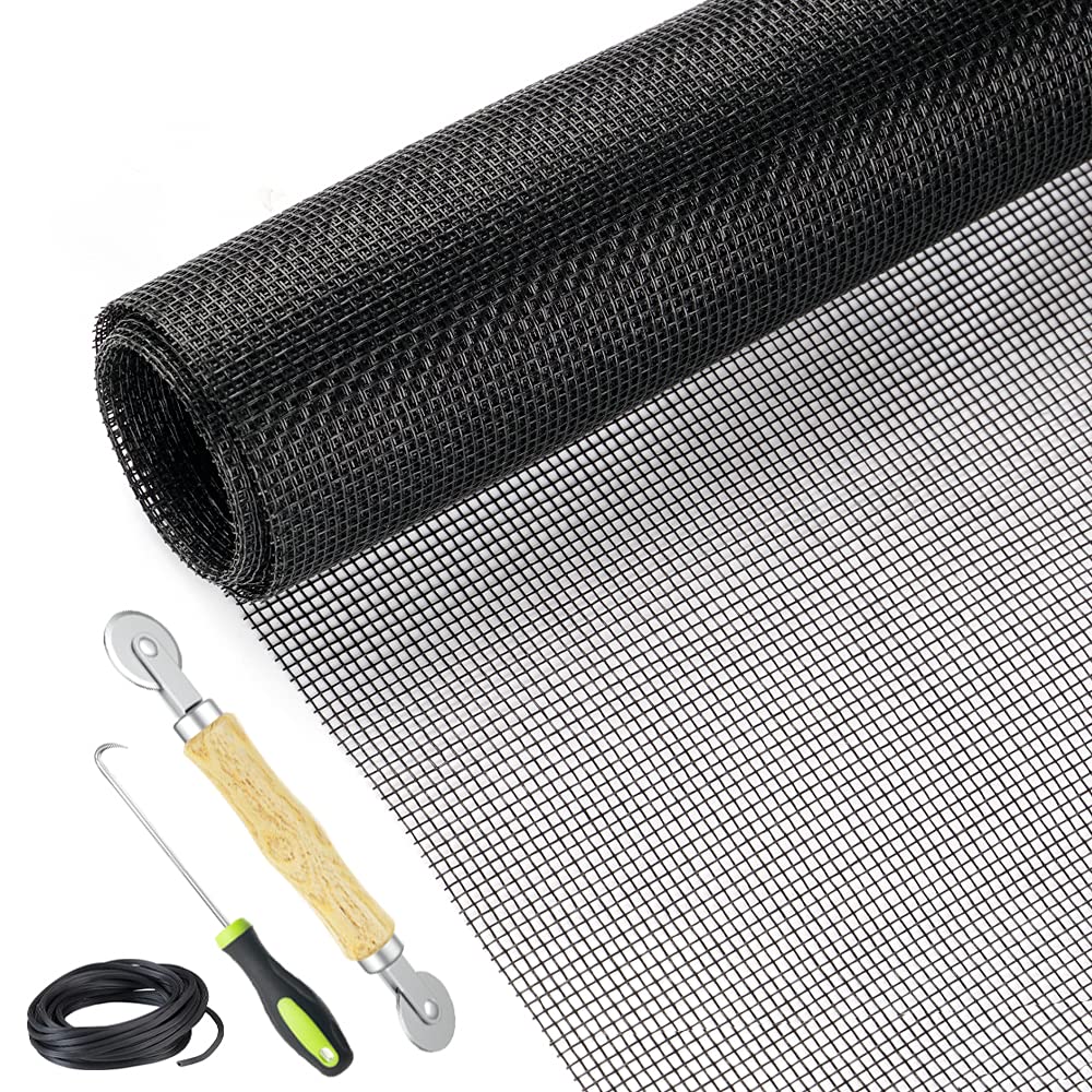 Screen Repair Kit - Easy DIY Project 36" x 90" Fiberglass Mesh With Rolling Tool and Retainer Spline - Replacement for Windows, Sliding Doors, and Patio Screens (Black)