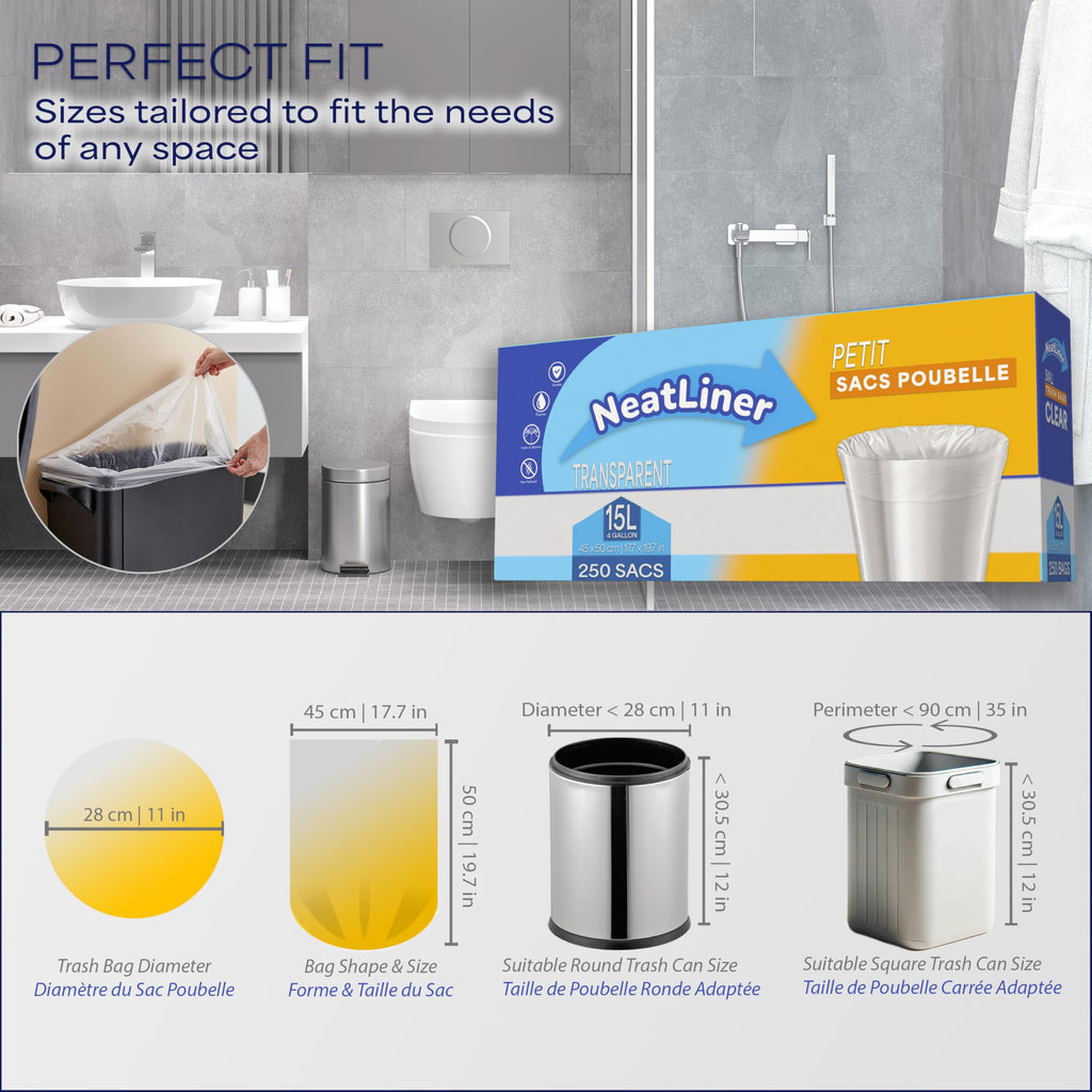 NeatLiner 250 Count 15L Clear Small Garbage Bags – 4 Gallon Trash Bags for Bathroom, Office, Bedroom, Pet Waste – Durable, Unscented, Leak-Resistant Liners