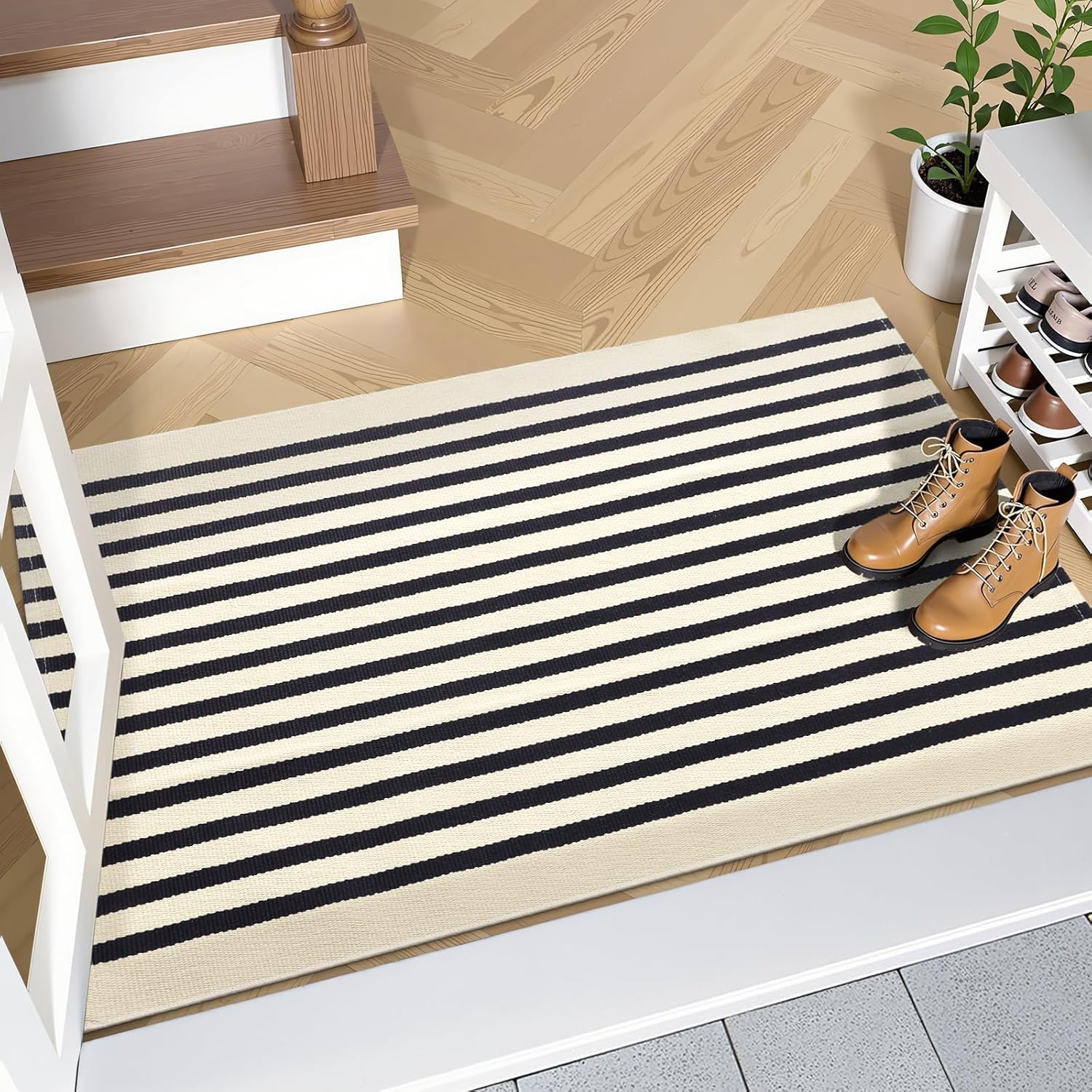 Colorxy Black and White Front Door Mat Outdoor 2x4.2 Cotton Handwoven Layered Welcome Mat Washable Stripe Outdoor Mats for Entrance Porch Front Door Decor