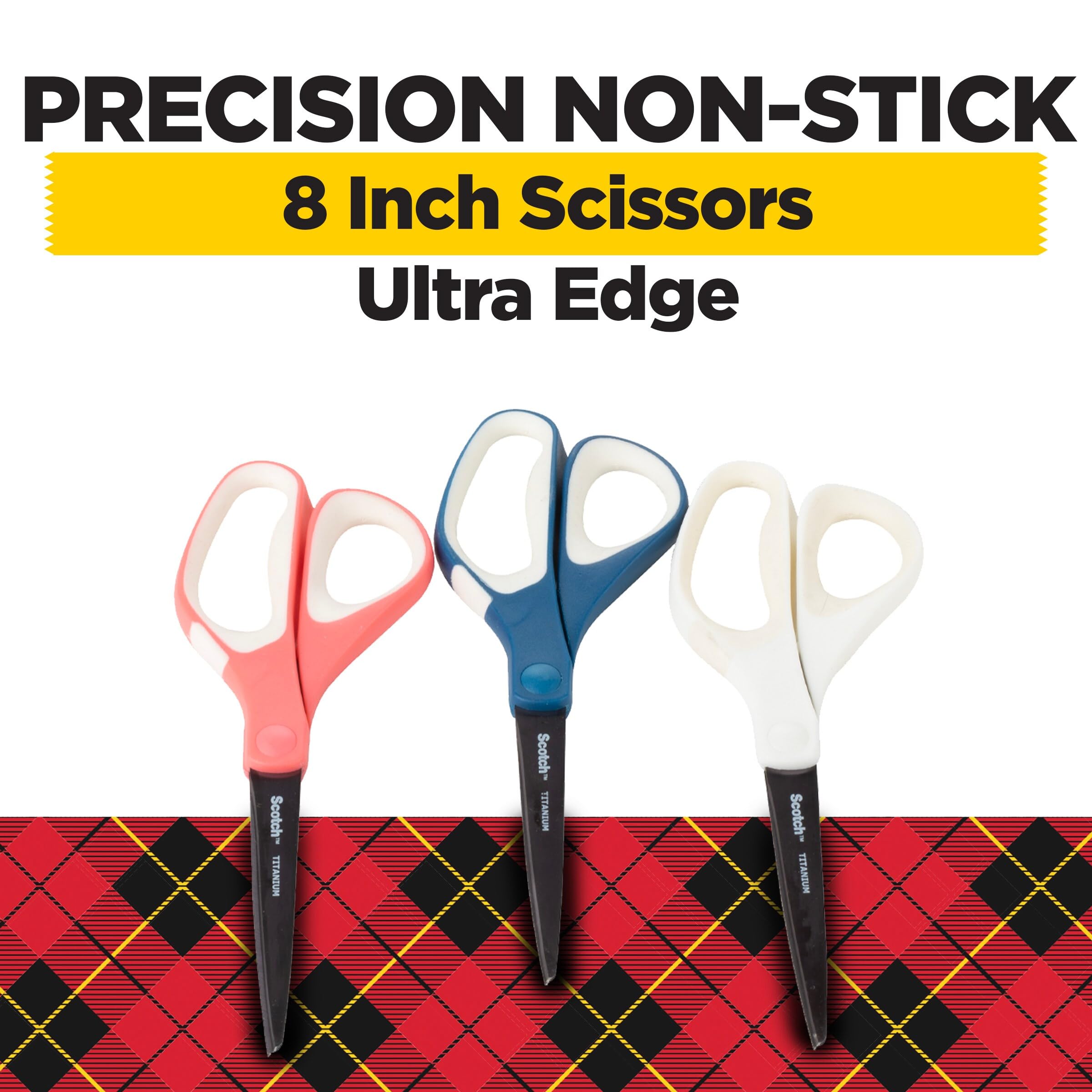 Scotch Scissors, 8" Precision Ultra Edge Scissors, Titanium Fused Blades, 3 Pairs, Blue, Pink, Green