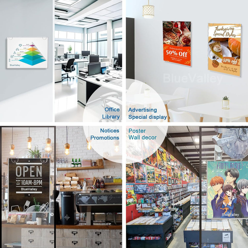BlueValley Clear Acrylic Sign Holder 8.5x11 - Wall Mount Plexiglass Ad Poster Picture Frame with Sticker & Screw, Vertical Plastic Menu Sign Holders for Window Wall Display Brochure Flyer Document Certificate - 3 Pack