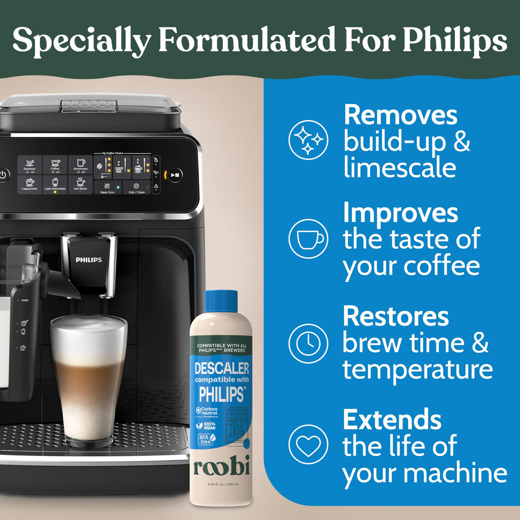 Roobi Philips Compatible Descaling Solution & Cleaner. Specially Formulated for Descaling & Cleaning Philips Coffee Machines. Carbon Neutral Philips Descaler Kit. 2 Uses per Bottle, 2 Pack