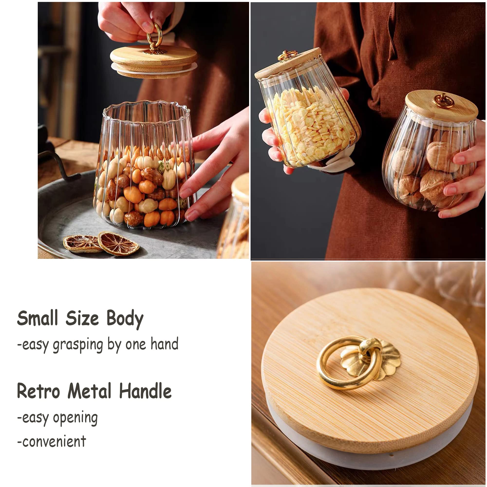 Glass Coffee Tea Canister Airtight Storage Jar Petal Decorative Container with Bamboo Lid Metal Handle Easy to Grasp 700ml (23oz)