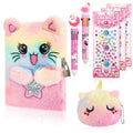 Cat Diary with Lock and Key,Tie-Dye Plush Notebook,Secret Diary with Coin Purse 2 Ballpoint 3 Crystal Sticker,Stationary Gift for Girls Age 4-12 Multicolored