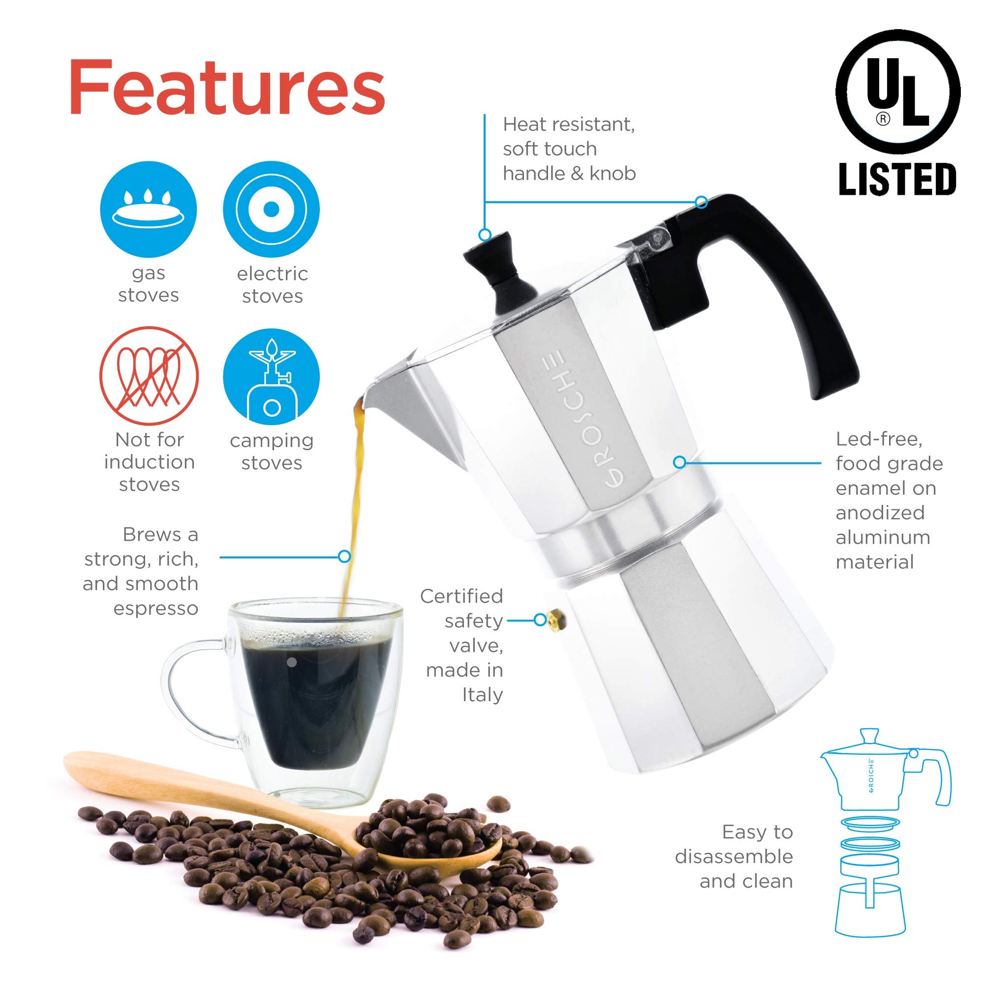 GROSCHE Milano Stovetop Espresso Maker Moka Pot 3 Espresso Cup - 5oz, Silver- Cuban Coffee Maker Stove top Coffee Maker Moka Italian Espresso greca Coffee Maker Brewer Percolator