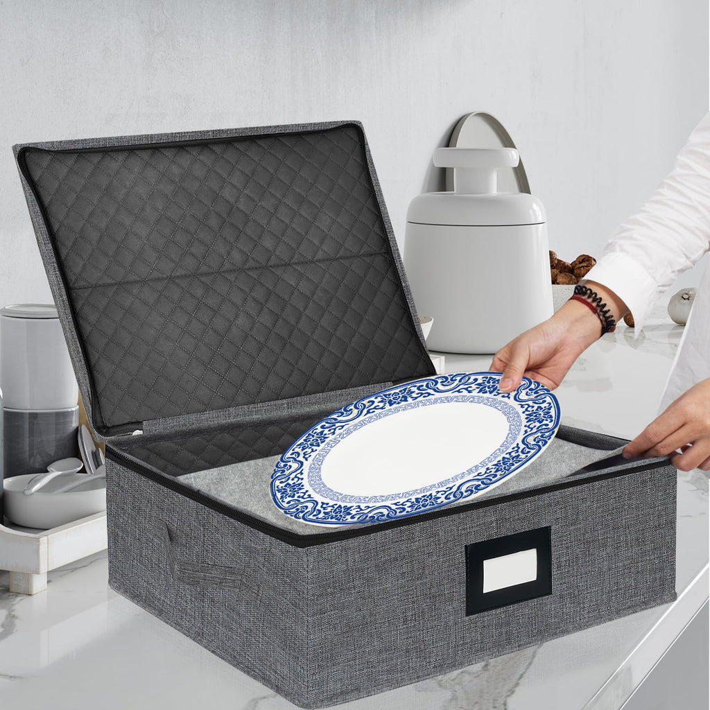 Platter Storage Case - Stackable China Storage Containers Hard Shell with Durable Zipper & Label & Sturdy Handles, 5.3” Height, Structured Top, 4 Felt Dividers Included