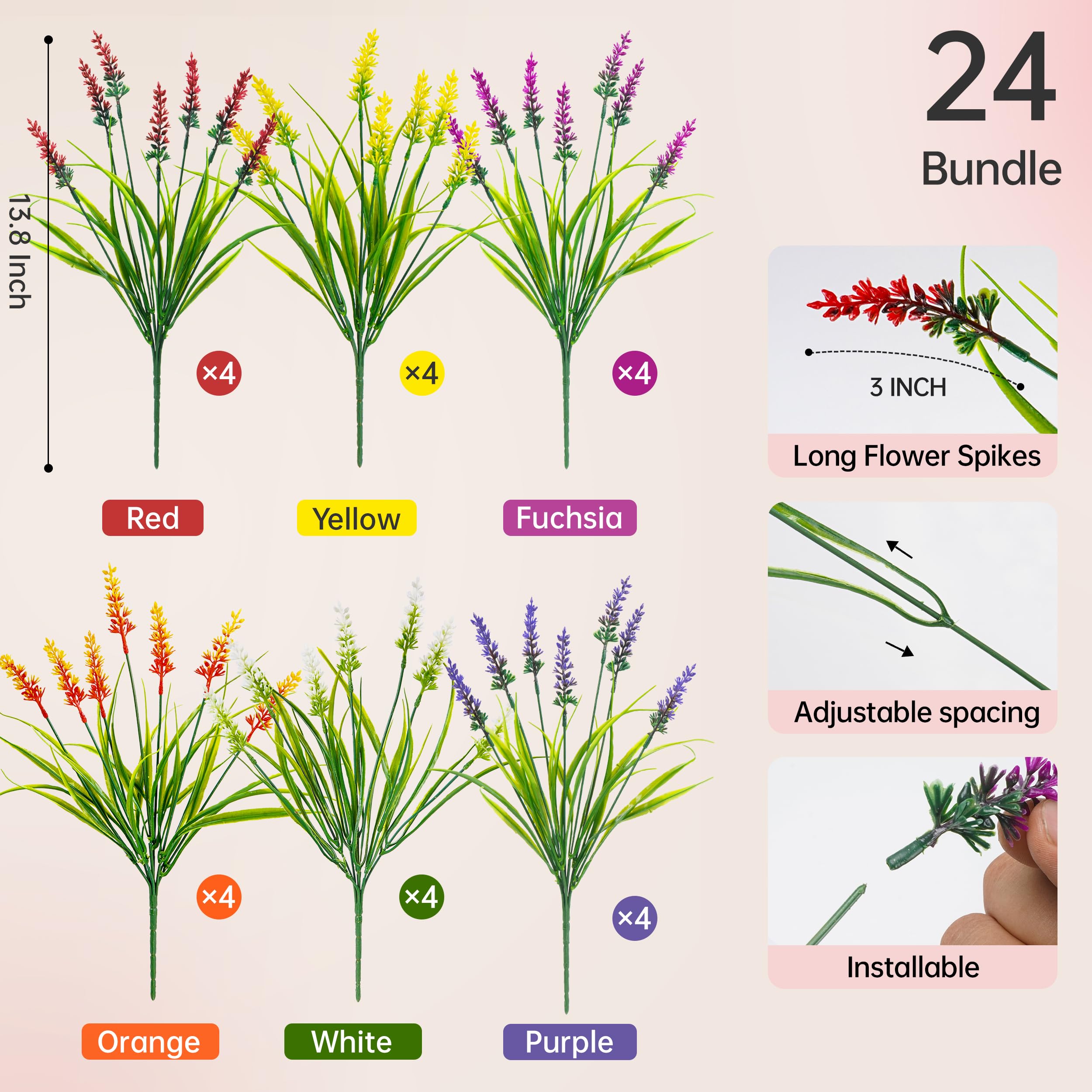 Der Rose 24 Bundles Artificial Plants for Decor Outdoor Monkey Grass Artificial Flowers for Outdoors Garden Porch Patio Window Box Decor UV Resistant