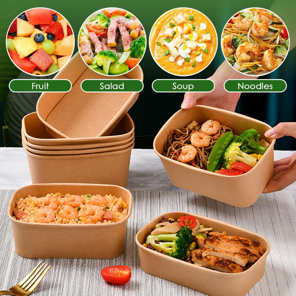 NAA BLUEKIWI 20 Pack 750ML Kraft Disposable Paper Bowls with Lid Eco Friendly Rectangle Food Container BPA Free Lunch Boxes for Hot or Cold Dish Take Outs To-Go