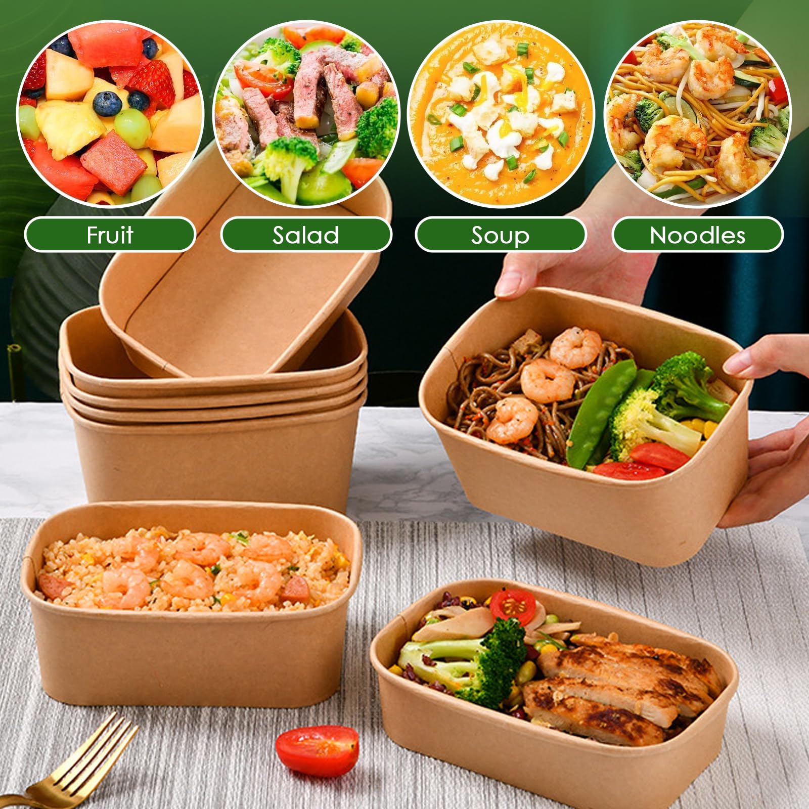 NAA BLUEKIWI 20 Pack 750ML Kraft Disposable Paper Bowls with Lid Eco Friendly Rectangle Food Container BPA Free Lunch Boxes for Hot or Cold Dish Take Outs To-Go