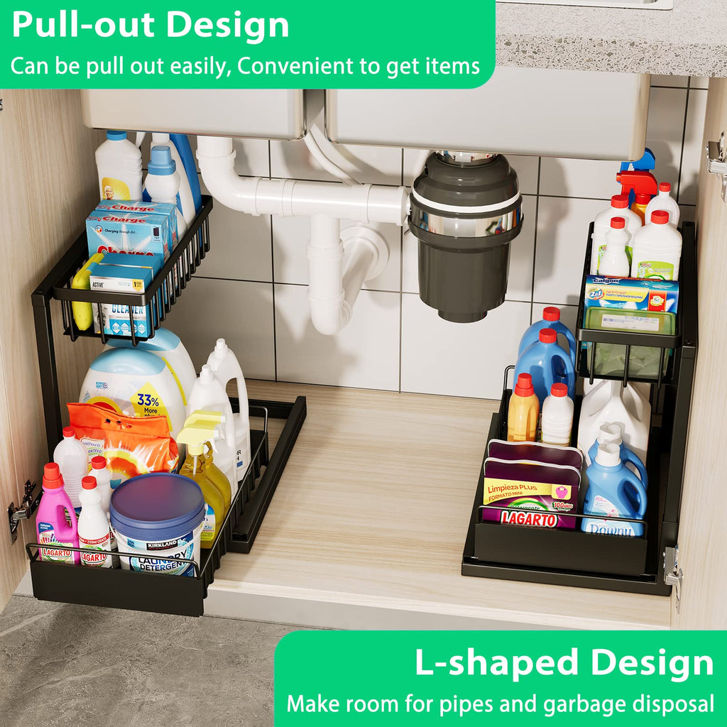 ADRIMER Under Sink Organizer, Pull Out Kitchen Sink Organizer, 2 Tier Slide Out Kitchen Organizers and Storage Metal Under Cabinet Storage Shelf, Black