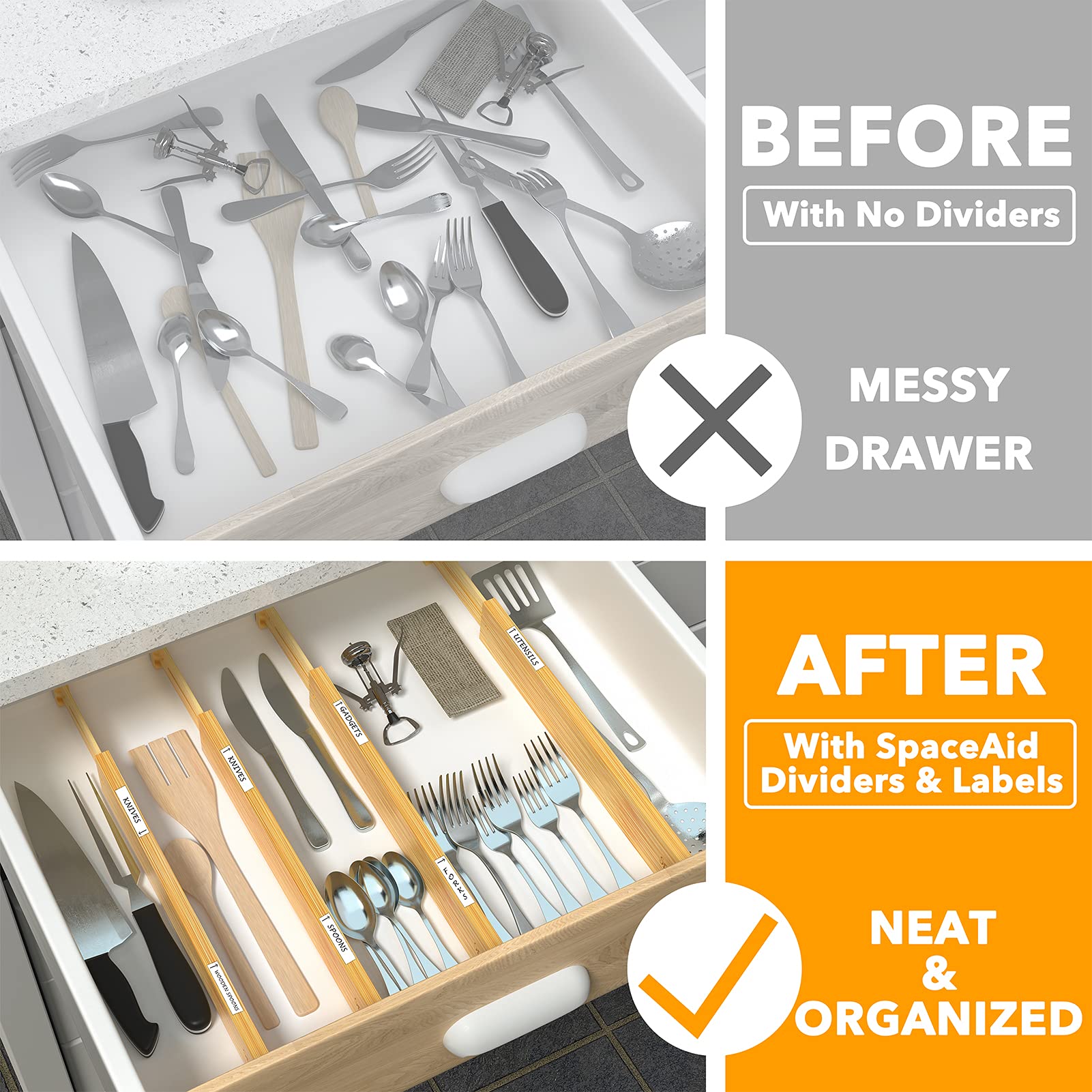 SpaceAid Bamboo Drawer Dividers with Labels, Kitchen Adjustable Drawer Organizers, Expandable Organization for Home, Office, Dressers and Bathroom, 6 Dividers (17-22 in)