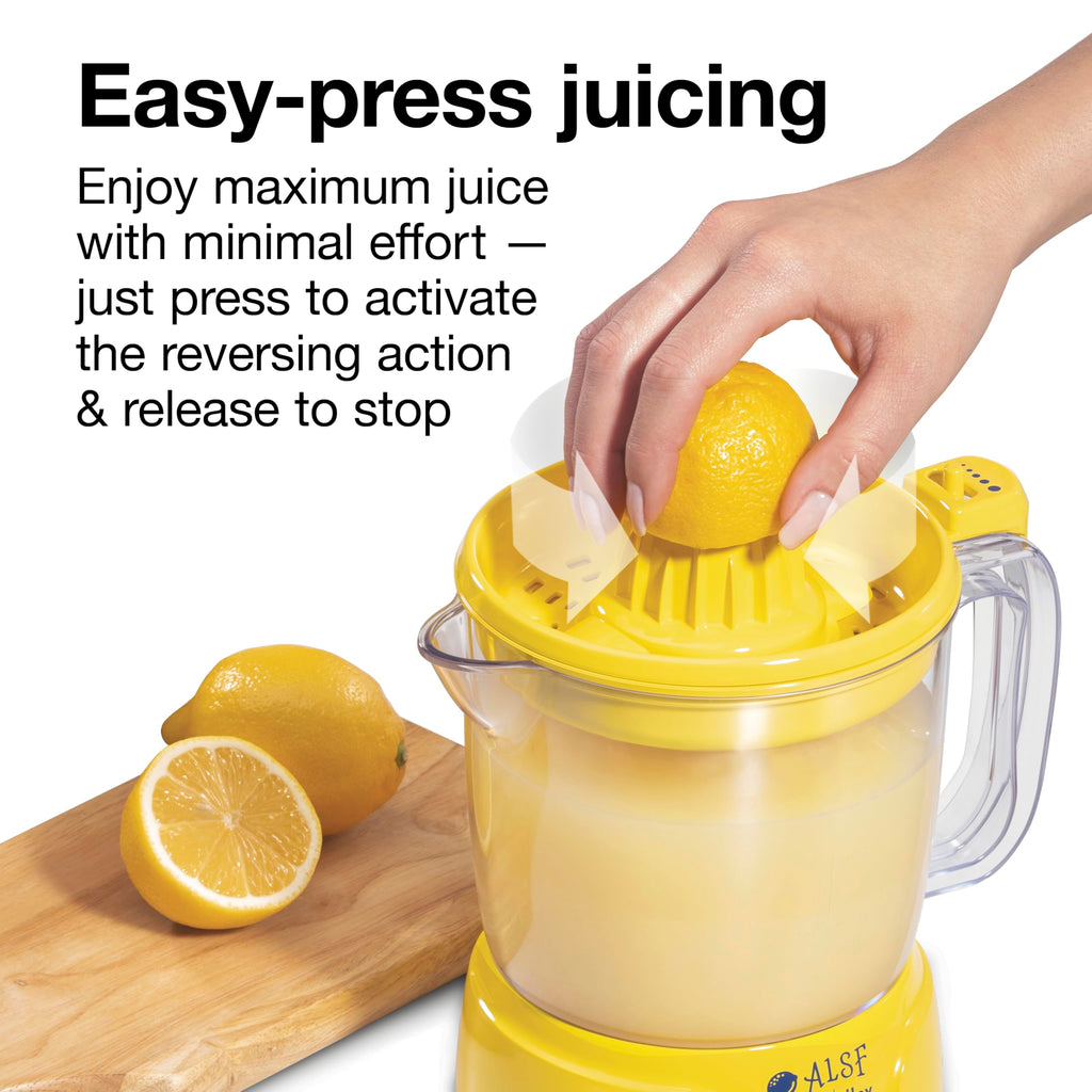 Proctor Silex Alex's Lemonade Stand Electric Citrus Juicer Machine, 34 oz. Pitcher, Pressure Activated, for Lemons, Limes and Oranges, With Reamers, pulp strainer& Lid, 30 Watts, Yellow (66341)