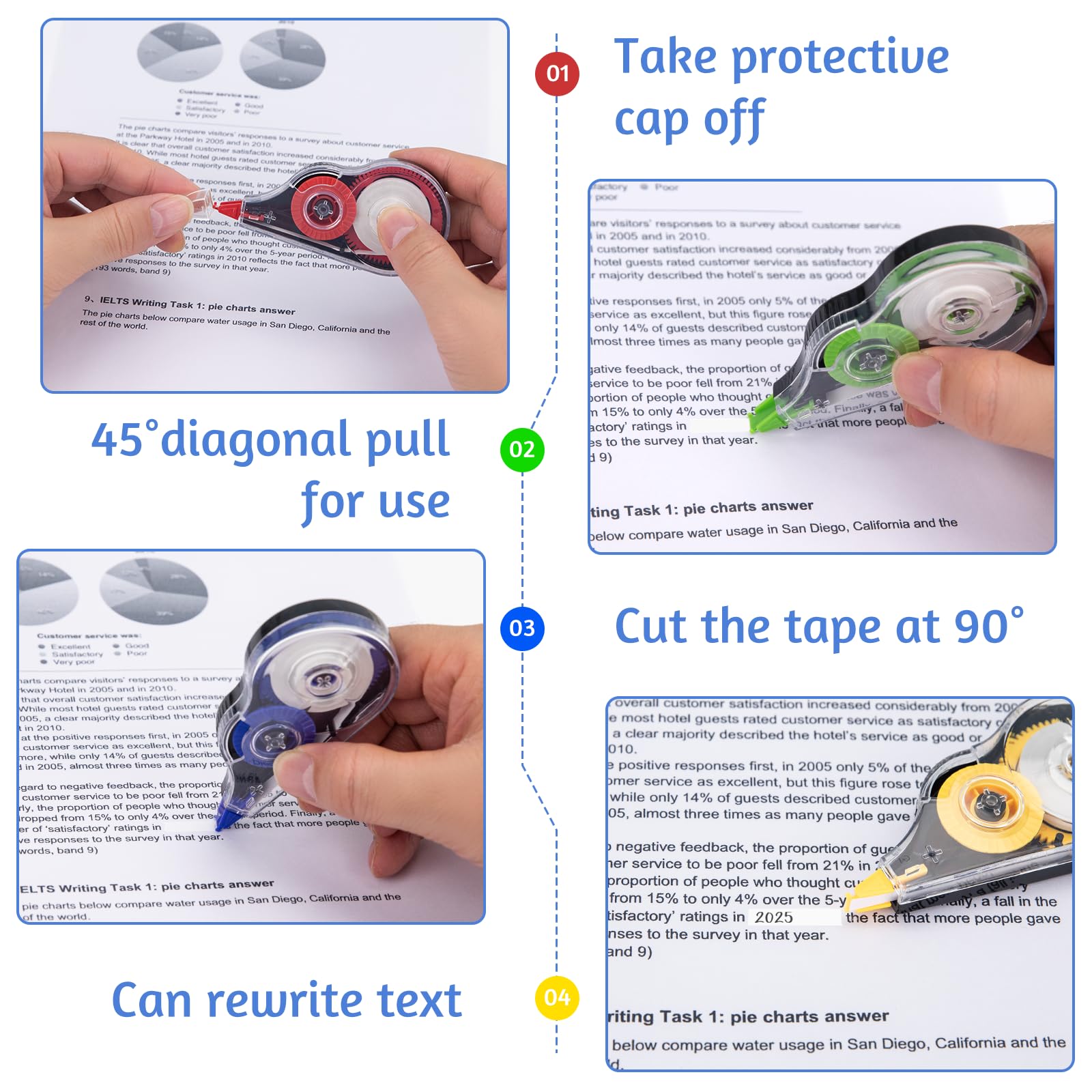 JEFURE 30 Pcs Colorful Correction Tape, Easy To Use Applicator for Instant Corrections, Smooth White Wrong Out Tear-Resistant Bulk for School, Office, Note Taking (Tape Width 0.2 in, Clear)