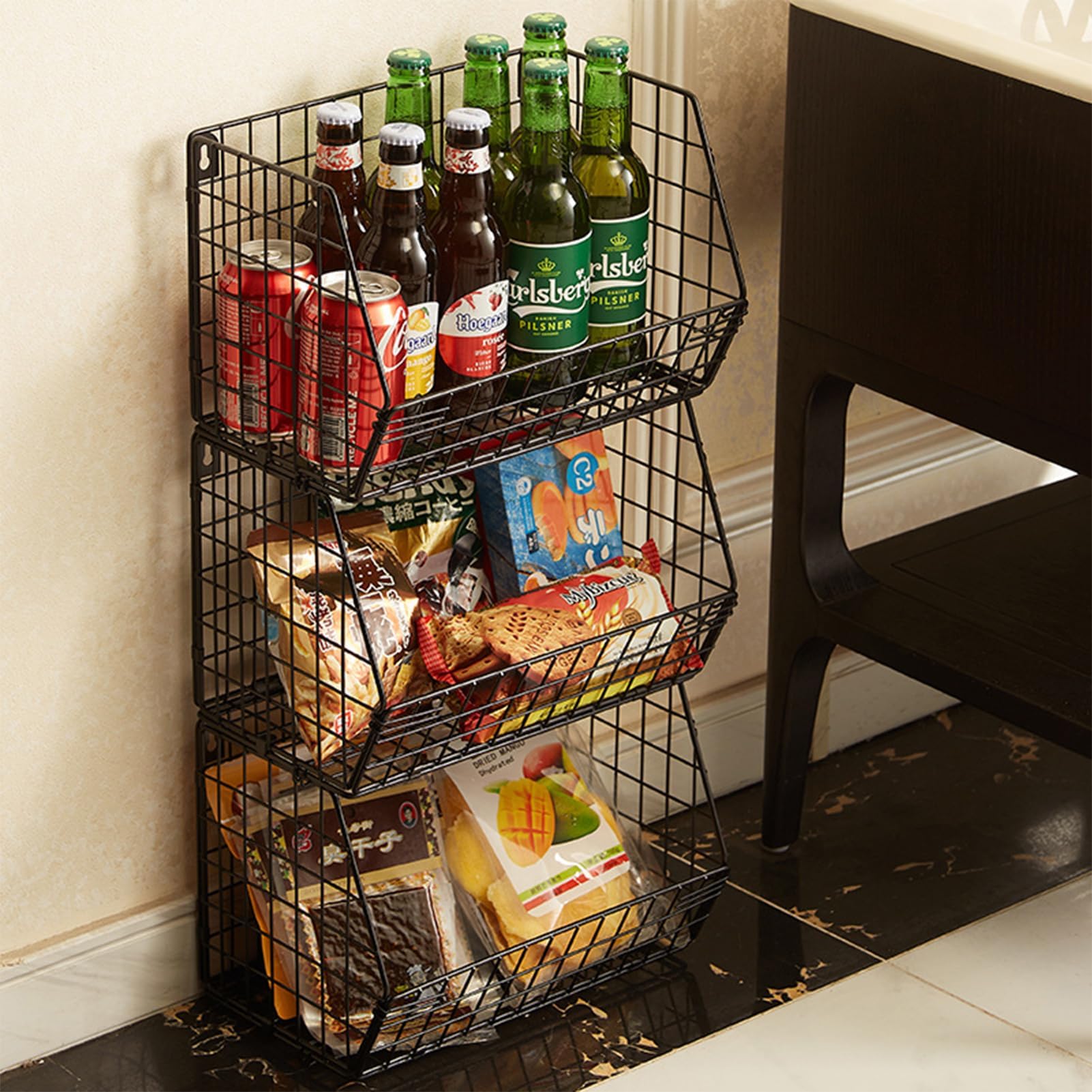 Guvarog 3-Pack Hanging Closet Organizer Wire Basket for Fruit, Vegetable, Potato and Onion Storage - Wall Mounted Closet Organization Bin