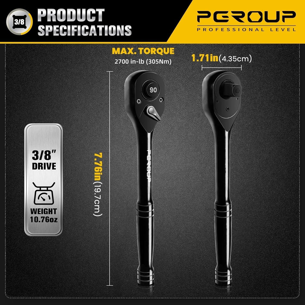 pgroup 3/8-Inch Drive Ratchet Wrench, 90 Tooth Reversible Ratchet, 4-Degree Swing, Ergonomic Handle, Chrome Alloy Made, Quick Release Ratchet Wrench for Repairing, Home, DIY