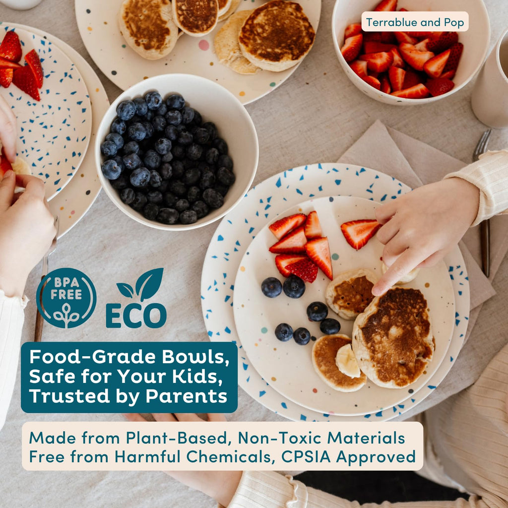 Nook Theory 4 Pack Reusable Bamboo Plates - Non-Toxic Toddler and Kids Plate, Dishwasher Safe, Not Microwavable Dinnerware (Catdog 8")