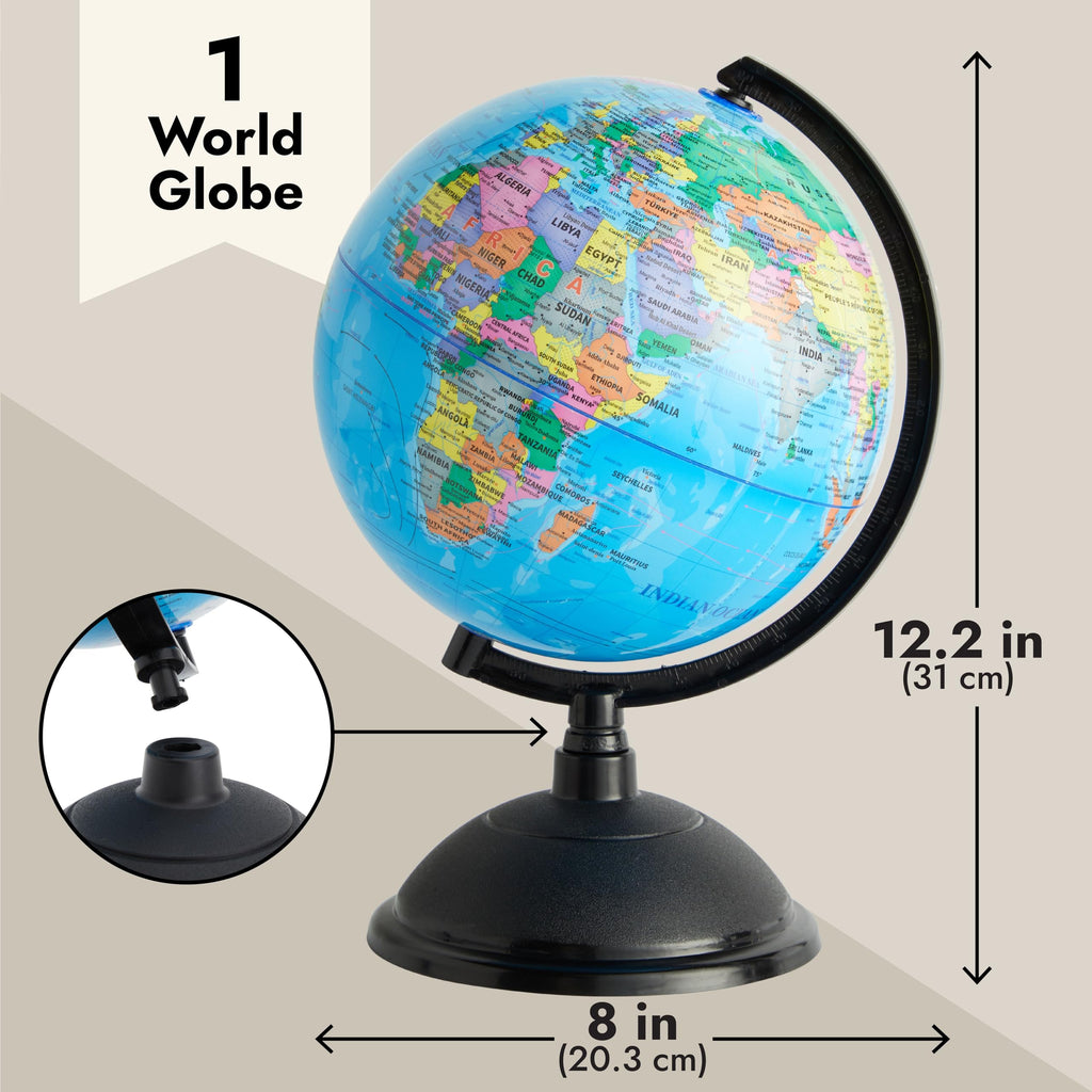 Rotating World Globe with Stand for Kids Learning, 8-inch Spinning Earth Globe for Classroom Geography Education