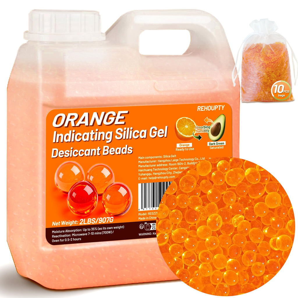 REHOUPTY Orange Silica Desiccant Beads 2LBS, Reusable Indicating Silica Gel Beads, 3-5mm Desiccant Dehumidifier Beads for 3D Filament, Electronic Devices, Camera, Jewelry (10 Organza Bags Included)