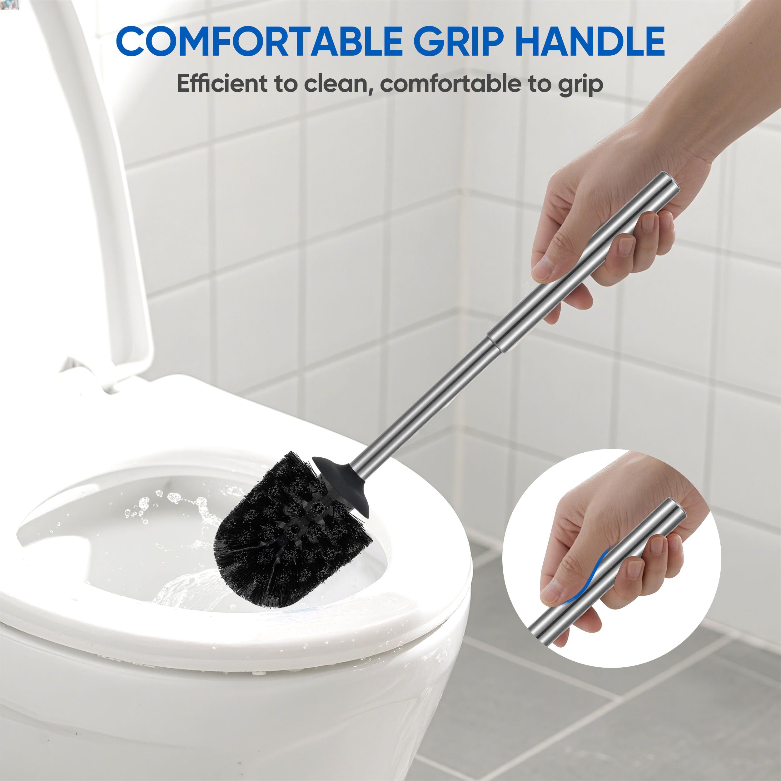 Veinvify Toilet Brush Set with Holder Brosse Toilette 30CM Long Handle Stainless Steel Bathroom Cleaning Brushes and Case Anti-Rust High Denstity Moderate Hardness Bristles Brushed