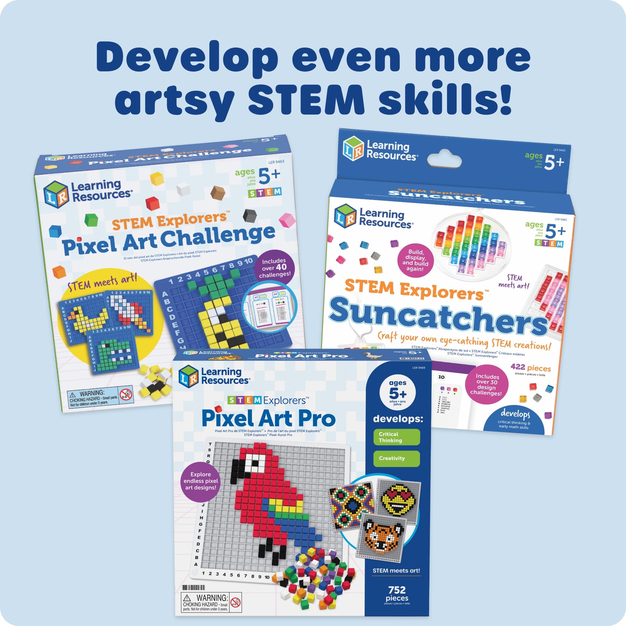 Learning Resources STEM Explorers Pixel Art Challenge - Math Puzzles, Pattern Blocks, Sensory Bin, Arts and Crafts, Math Manipulatives, Building Toys, Montessori